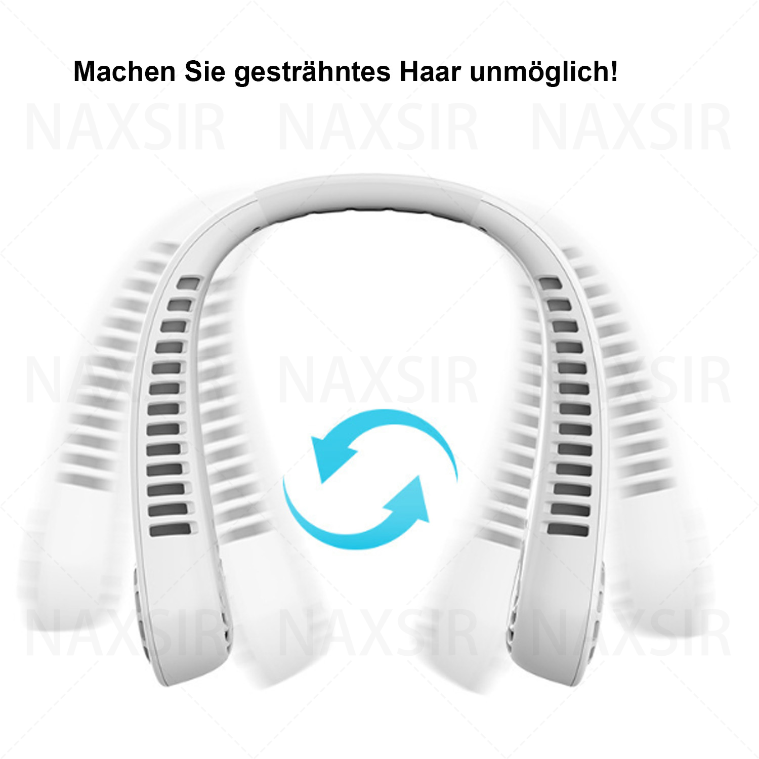 Ein weißer Nackenventilator mit geschwungenem Design, mit dem Text 'Machen Sie graues Haar unmöglich!'