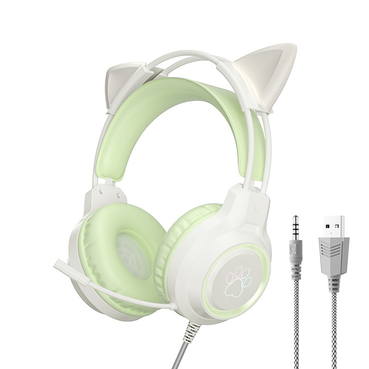 Weiß-grüne Katzenohrkopfhörer mit Mikrofon, USB- und Audioanschlüssen. Weißer Hintergrund.