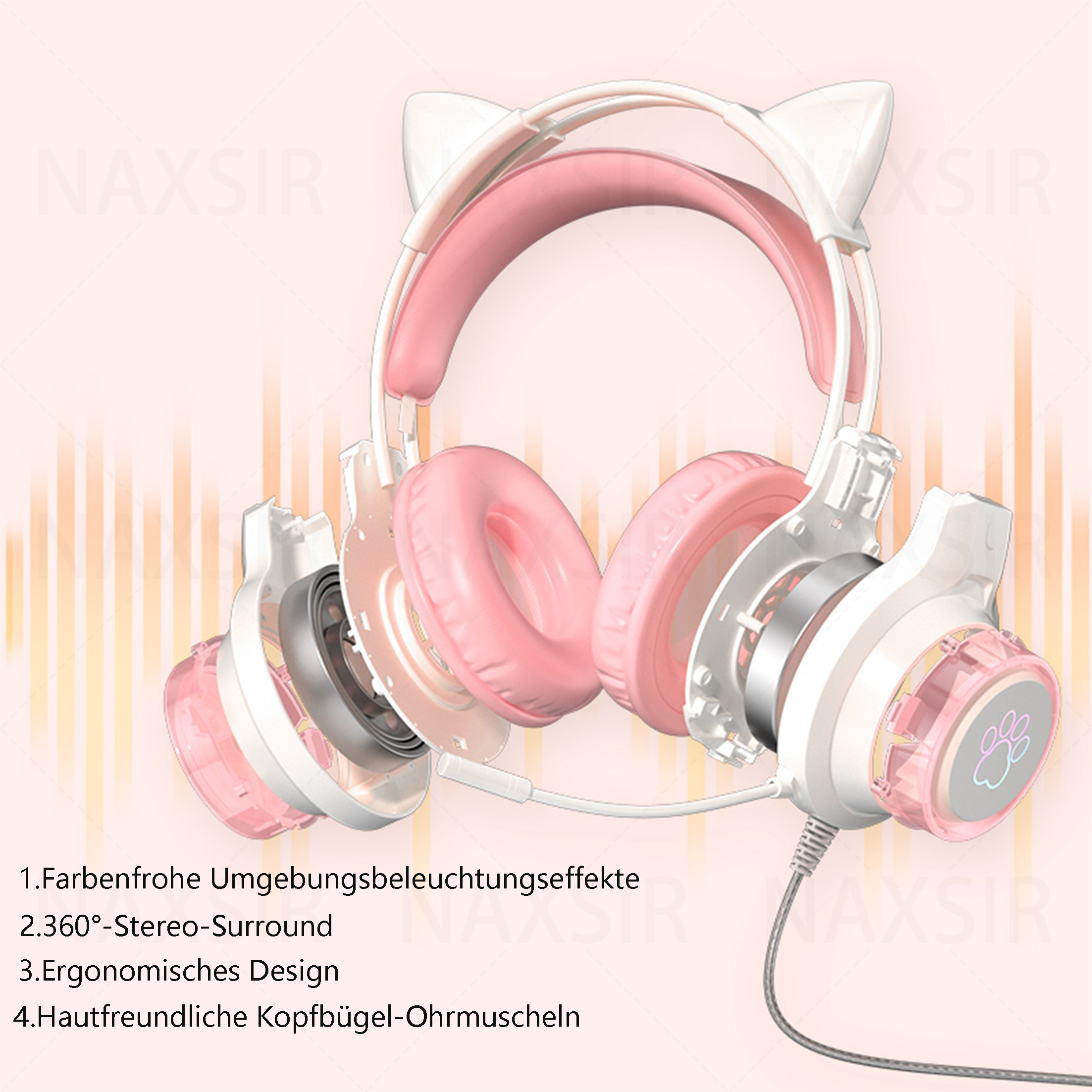 Schnittansicht eines rosa Katzenohrkopfhörers, der die inneren Komponenten und beschreibenden Text zeigt.
