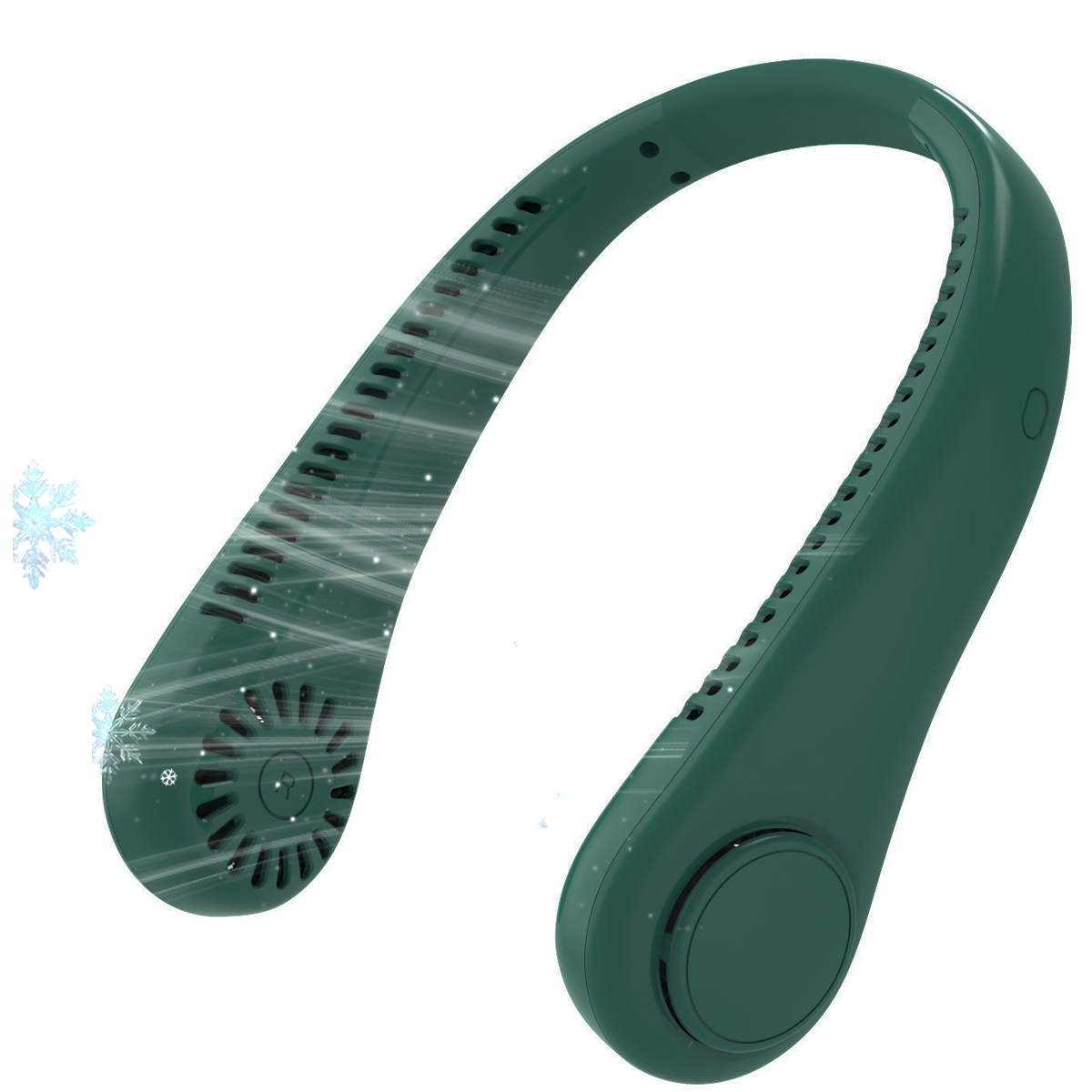 Grüner Nackenfächer auf Weiß. Verfügt über Lüftungsschlitze und einen kreisförmigen Knopf. Schneeflocken und Luftstrom.