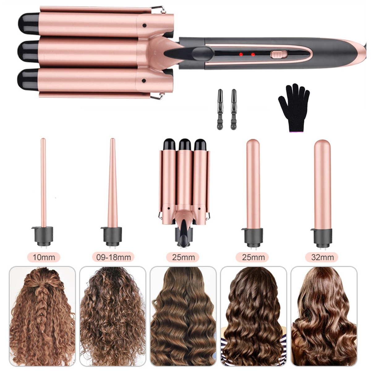 Haar-Lockenstab mit mehreren austauschbaren Lockenstäben, mit Beispielen für Lockenfrisuren.