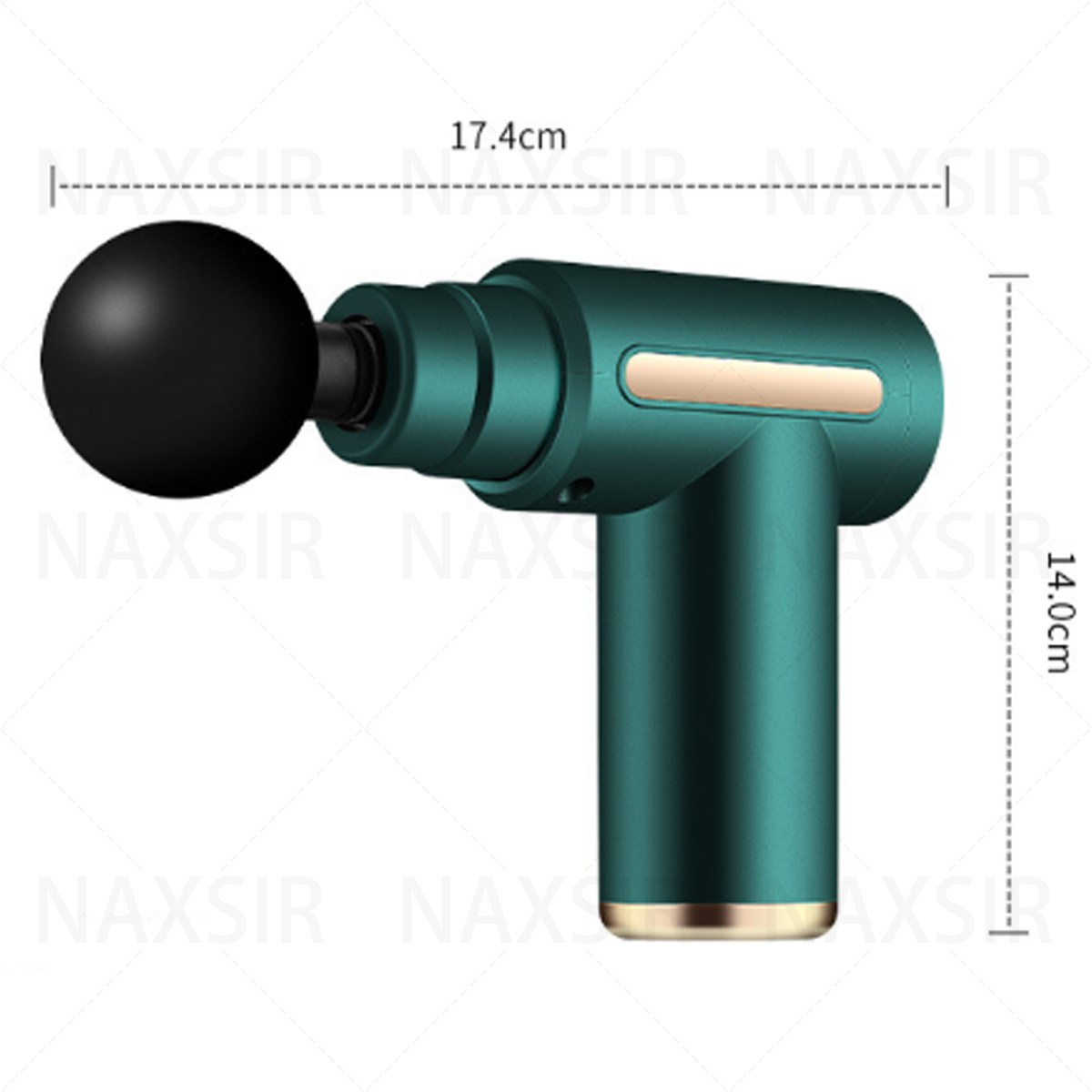 Grüne Massagepistole mit schwarzem Kugelkopf, misst 17,4 cm Länge und 14,0 cm Höhe.