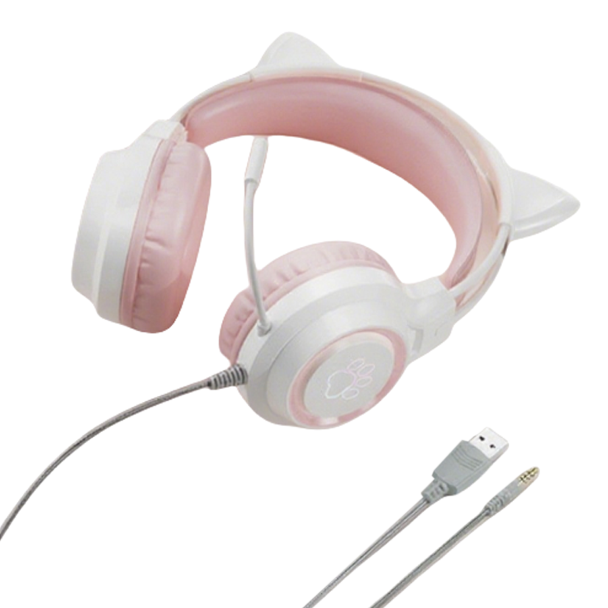 Katzenohrkopfhörer, rosa und weiß. Kabel mit USB- und Klinkenstecker. Ohrmuscheln und Kopfbügel sind sichtbar.
