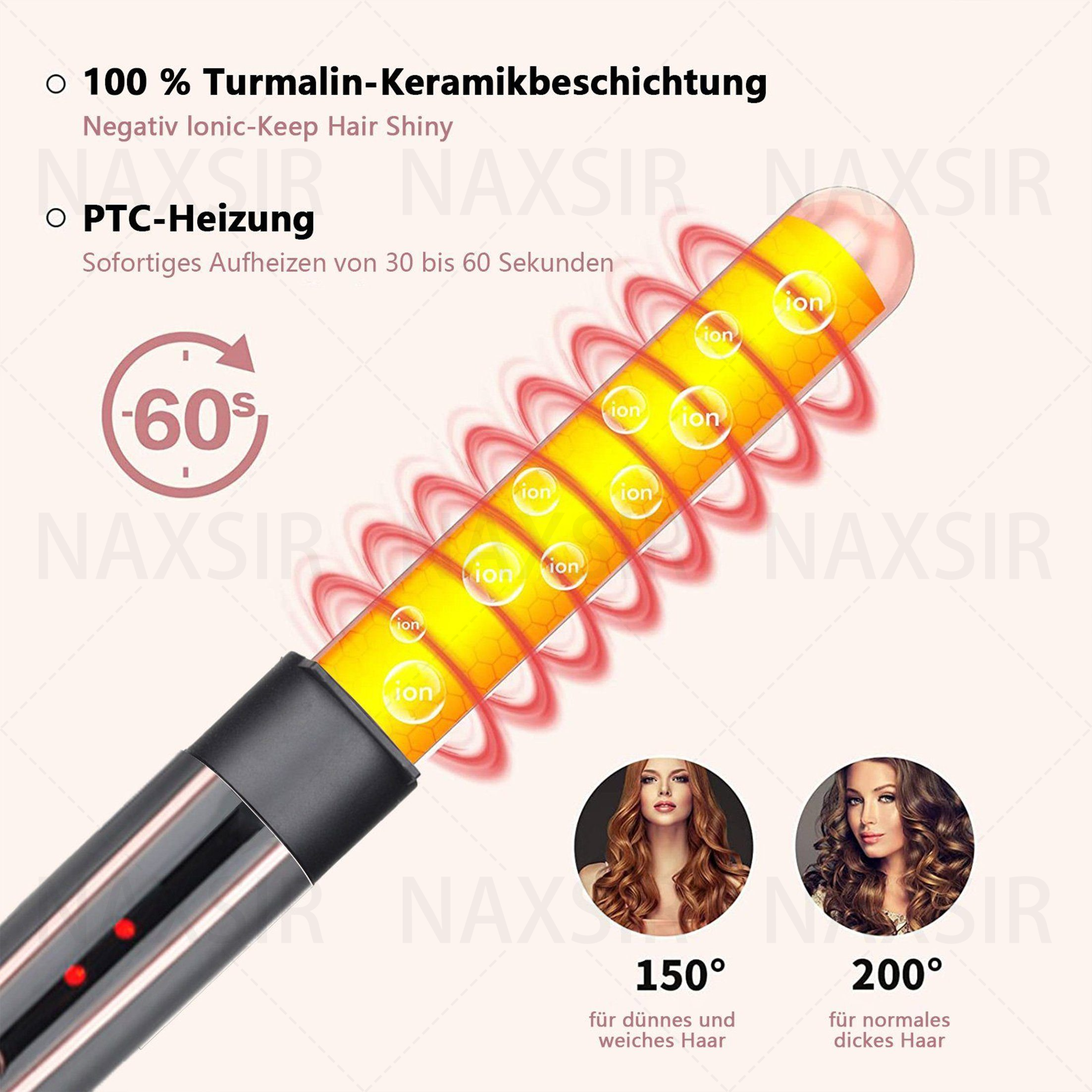 Haarstyling-Werkzeug mit Heizelement und Diagramm. Haarproben und Einstellungen werden bereitgestellt.