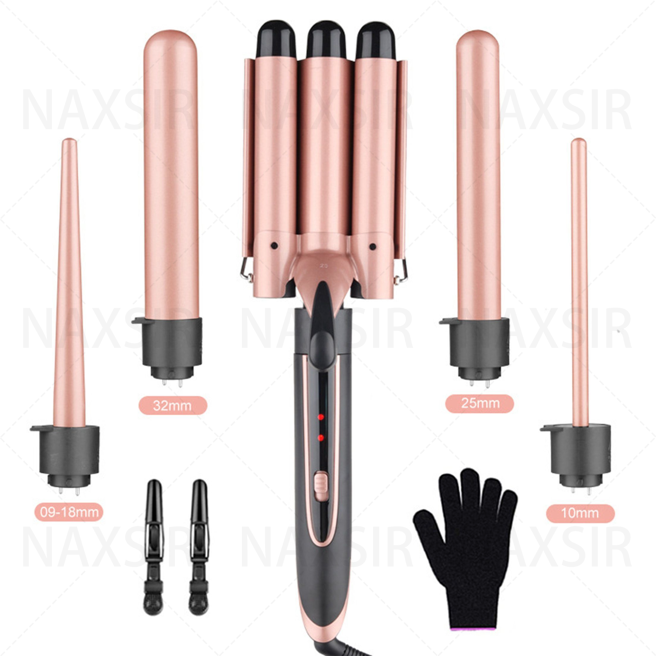 Haar-Lockenstab mit mehreren Lockenstäben, einschließlich eines Handschuhs und verschiedener Frisuren.