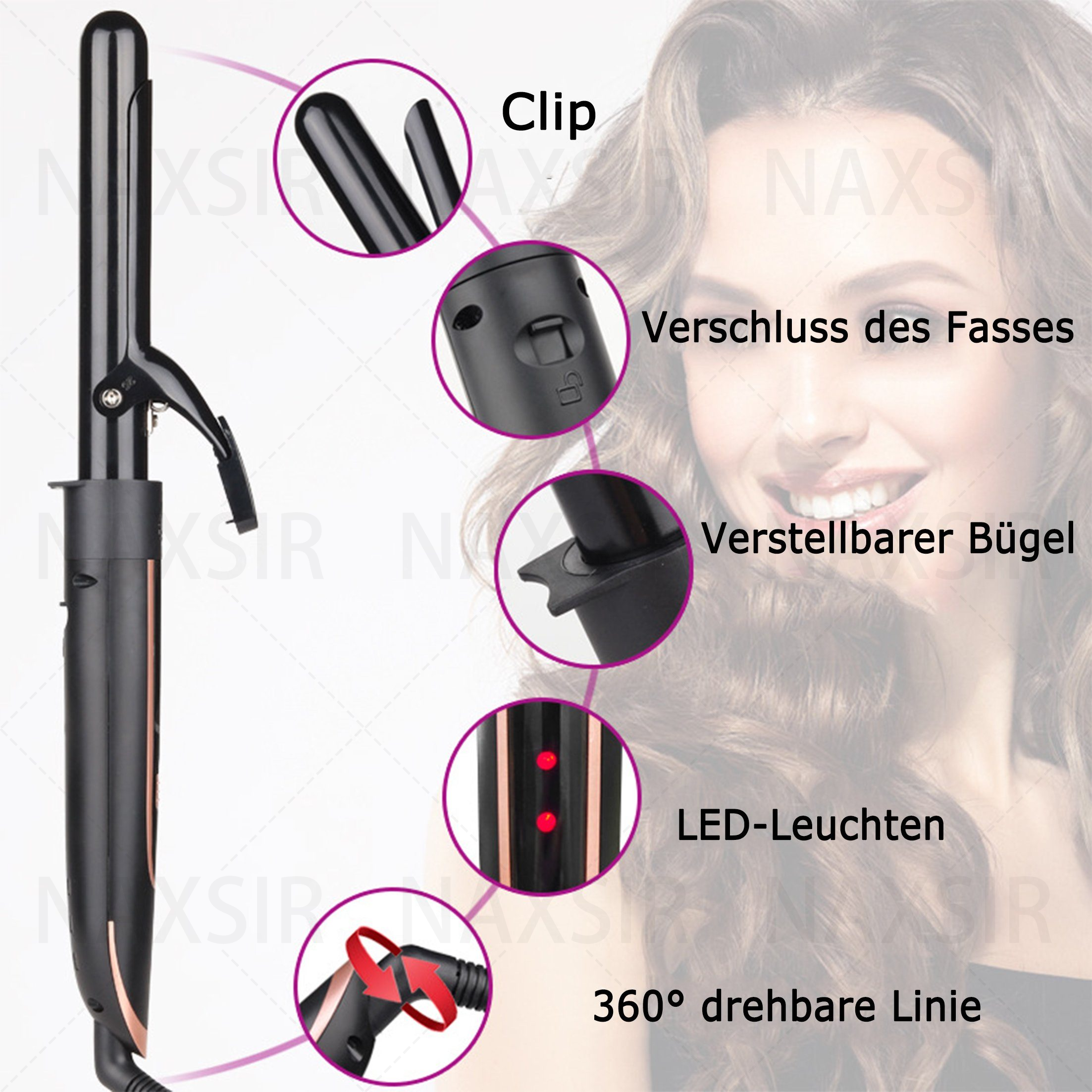Ein schwarzer Lockenstab mit dem Haar einer Frau sichtbar. Nahaufnahmen der Eisenteile werden gezeigt.