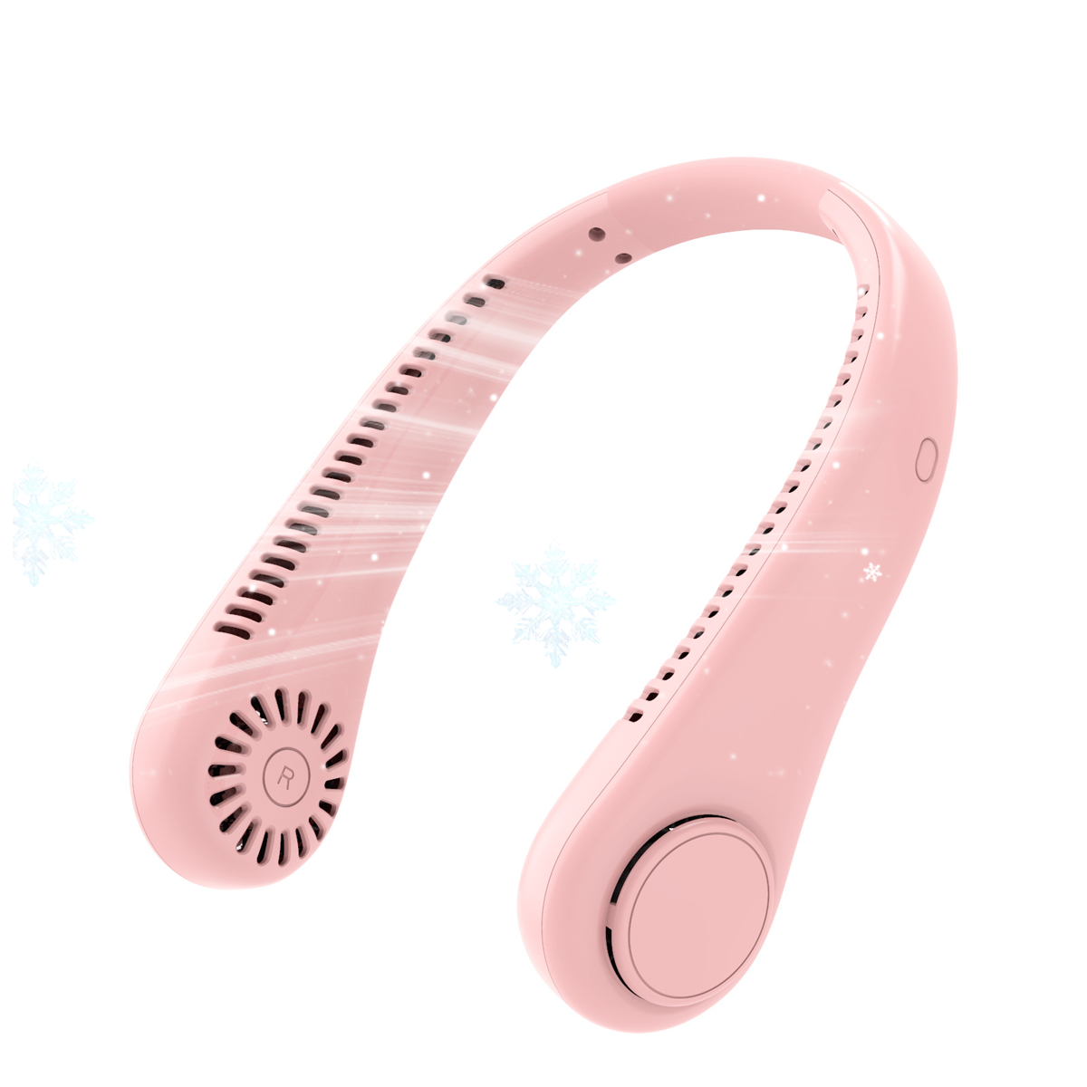Ein rosa, tragbarer Nackenventilator. Es hat ein U-förmiges Design. Weißer Hintergrund mit Schneeflocken.