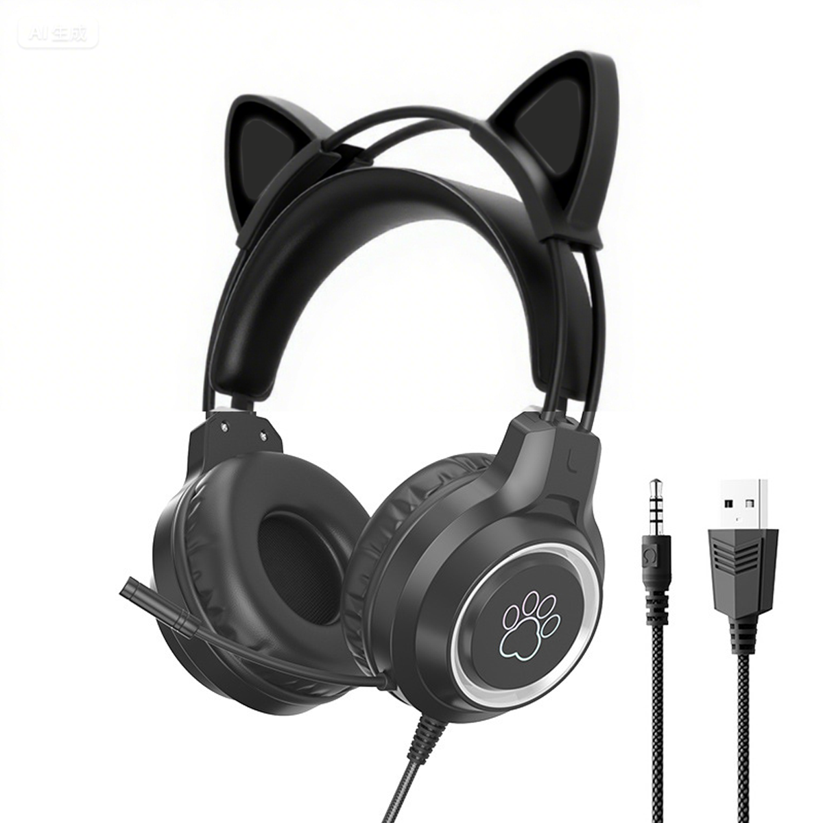 Schwarze Katzenohr-Kopfhörer mit Mikrofon und USB-Kabel. Weißer Hintergrund.