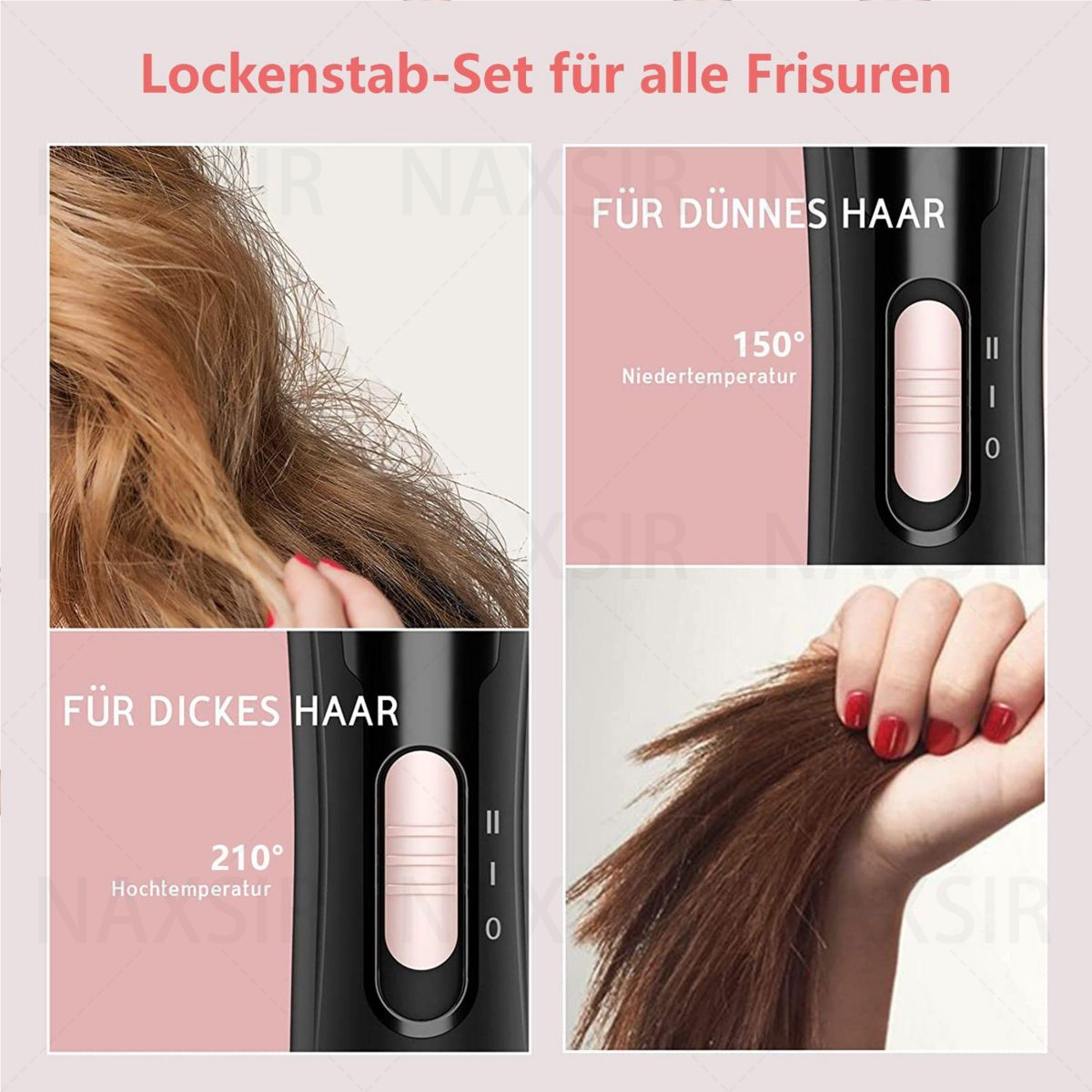 Collage, der die Verwendung eines Haarstyling-Werkzeugs zeigt. Nahaufnahmen von Haaren, die bei verschiedenen Temperaturen gestylt werden.