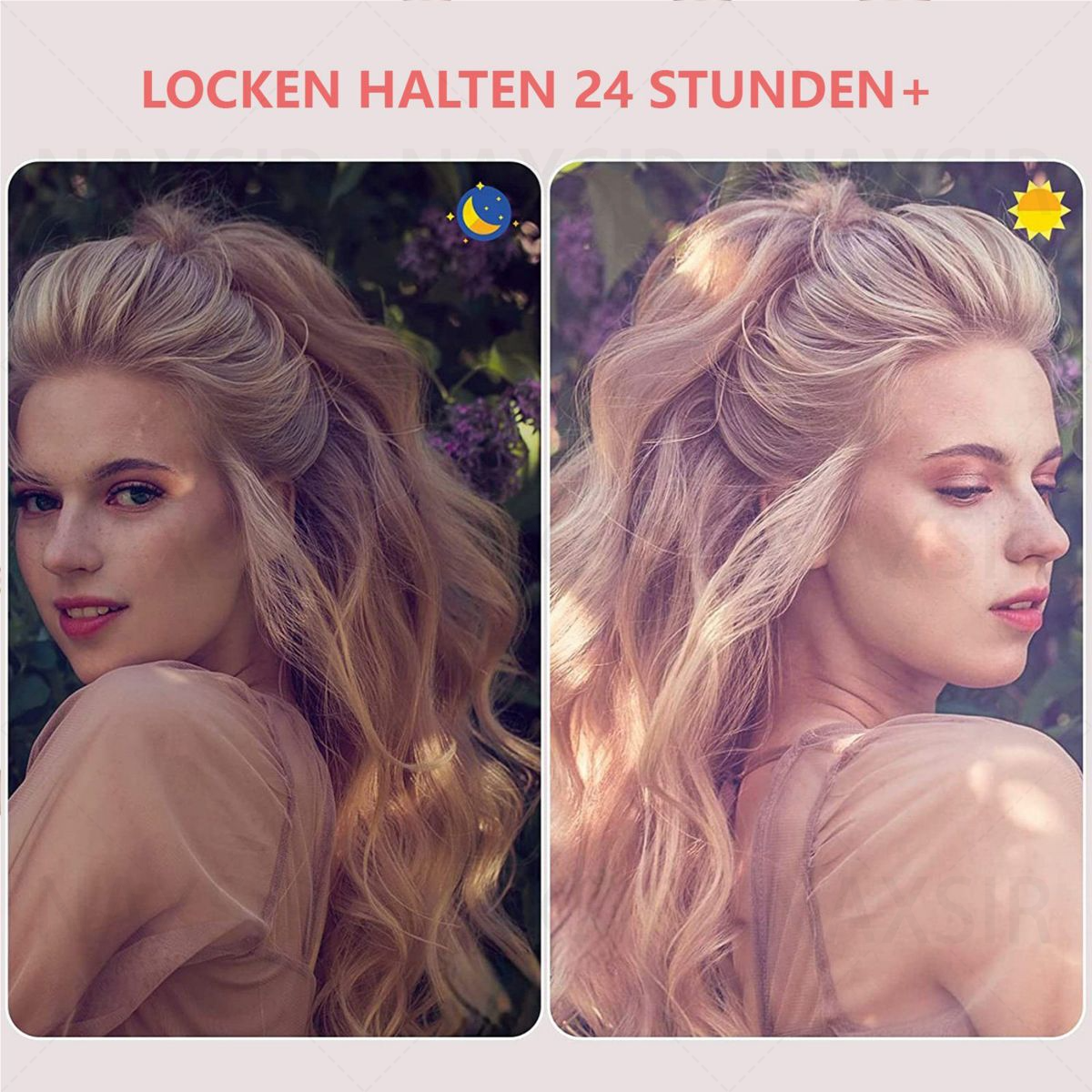 Zwei Bilder des Haares einer Frau nach der Verwendung eines Lockenstabes. Eines bei Tageslicht, eines im Mondlicht.