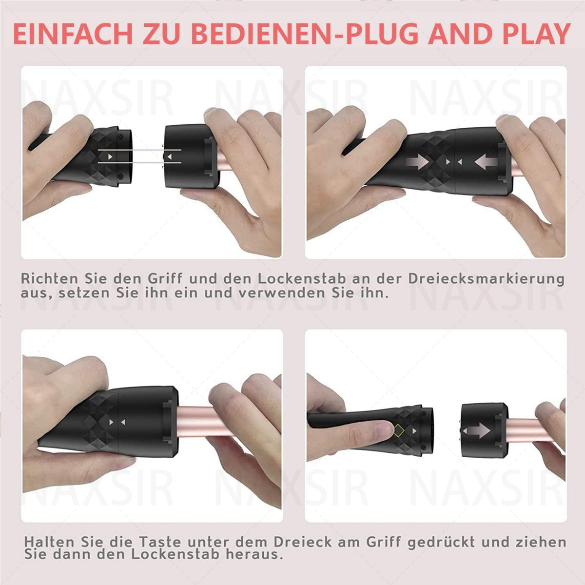 Illustrationen, die zeigen, wie man den Lockenstab durch Verbinden des Griffs und des Laufs zusammensetzt.
