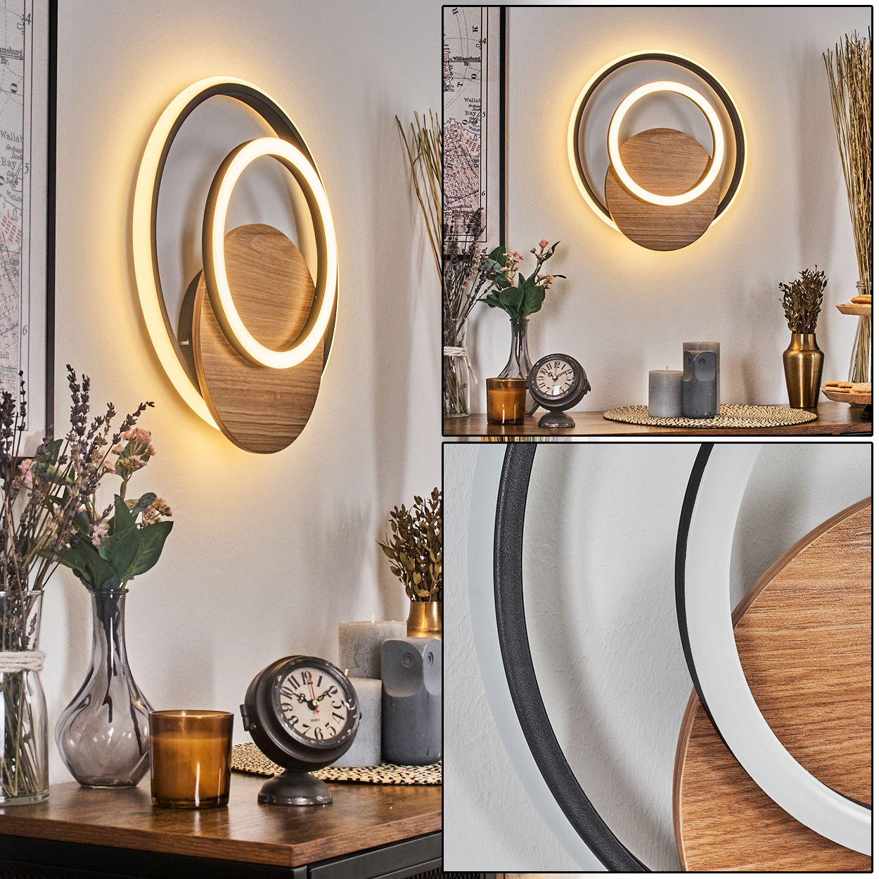 Moderne Wandleuchte mit konzentrischen Ringen und Holzakzenten, mit verschiedenen dekorativen Elementen im Hintergrund.