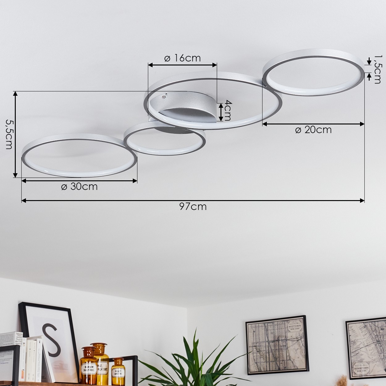 Deckenleuchte mit vier kreisförmigen Lichtern. Zeigt Abmessungen: 97cm, 30cm, 20cm, 16cm, 5,5cm, 4cm, 1,5cm.