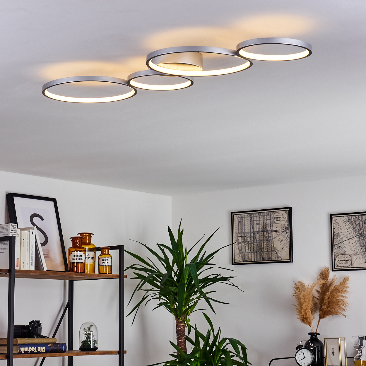 Ein Wohnzimmer mit Deckenbeleuchtung und verschiedenen Dekorationen.