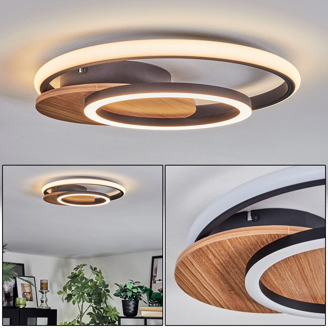 Moderne Deckenleuchte mit Holz-Kreisbasis und LED-Leuchten.
