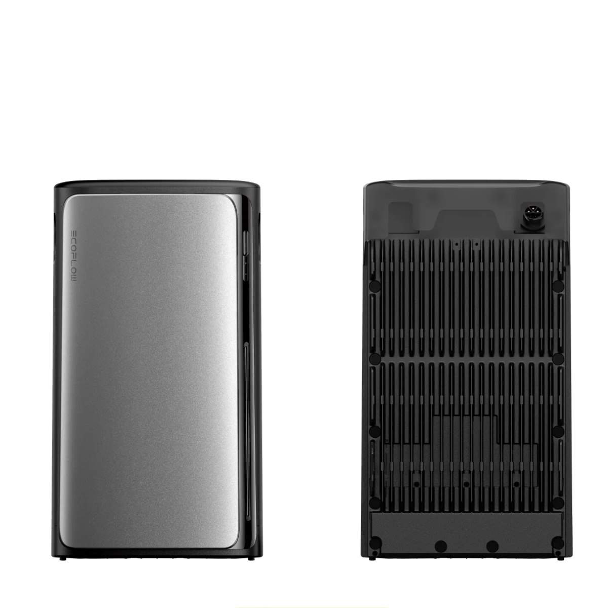 Zweiseitige Powerbank. Die linke Seite ist silber, die rechte Seite ist schwarz mit Lüftungsschlitzen.