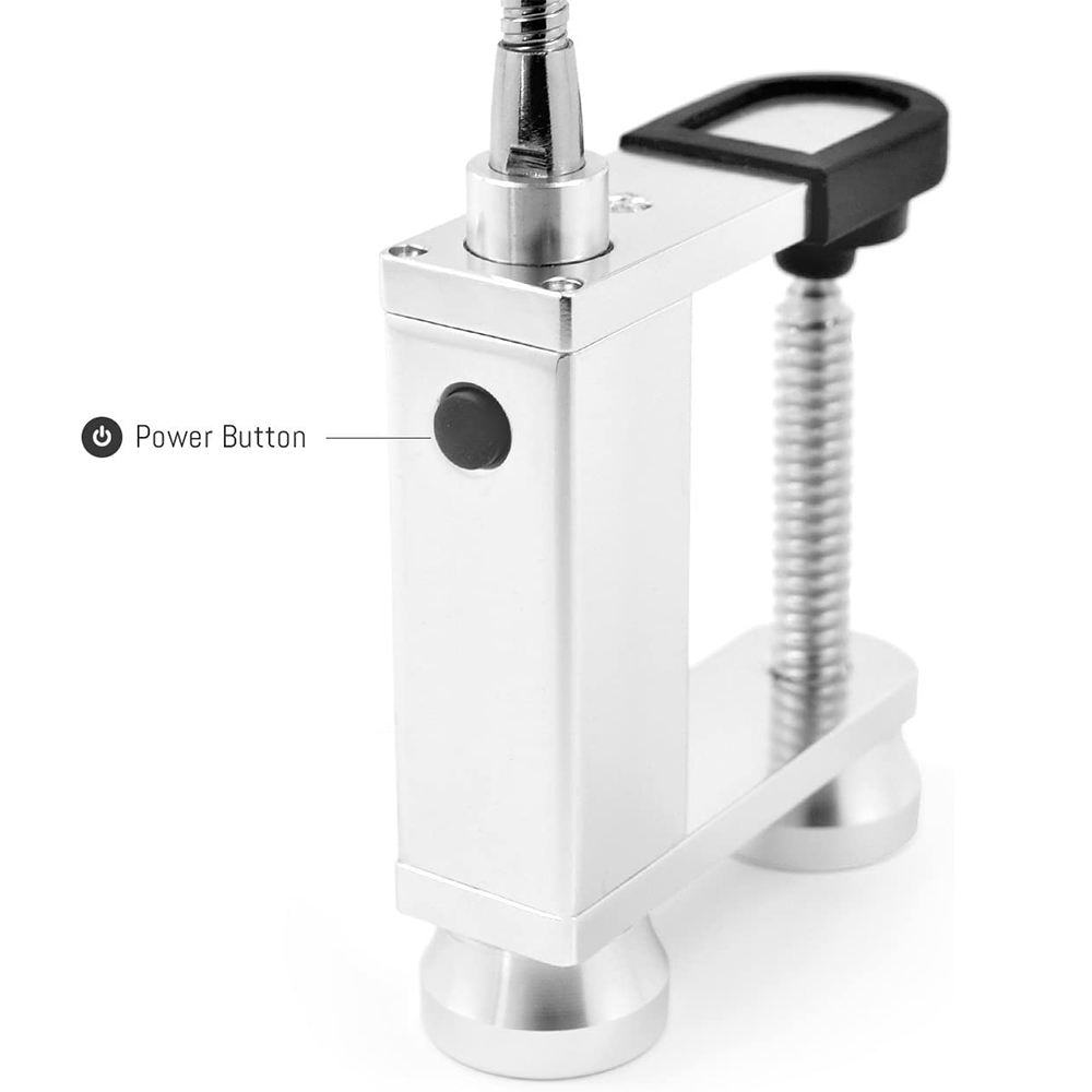 Silbernes Metallwerkzeug mit Power-Button. Enthält einen flexiblen Hals und ein schwarzes Display.