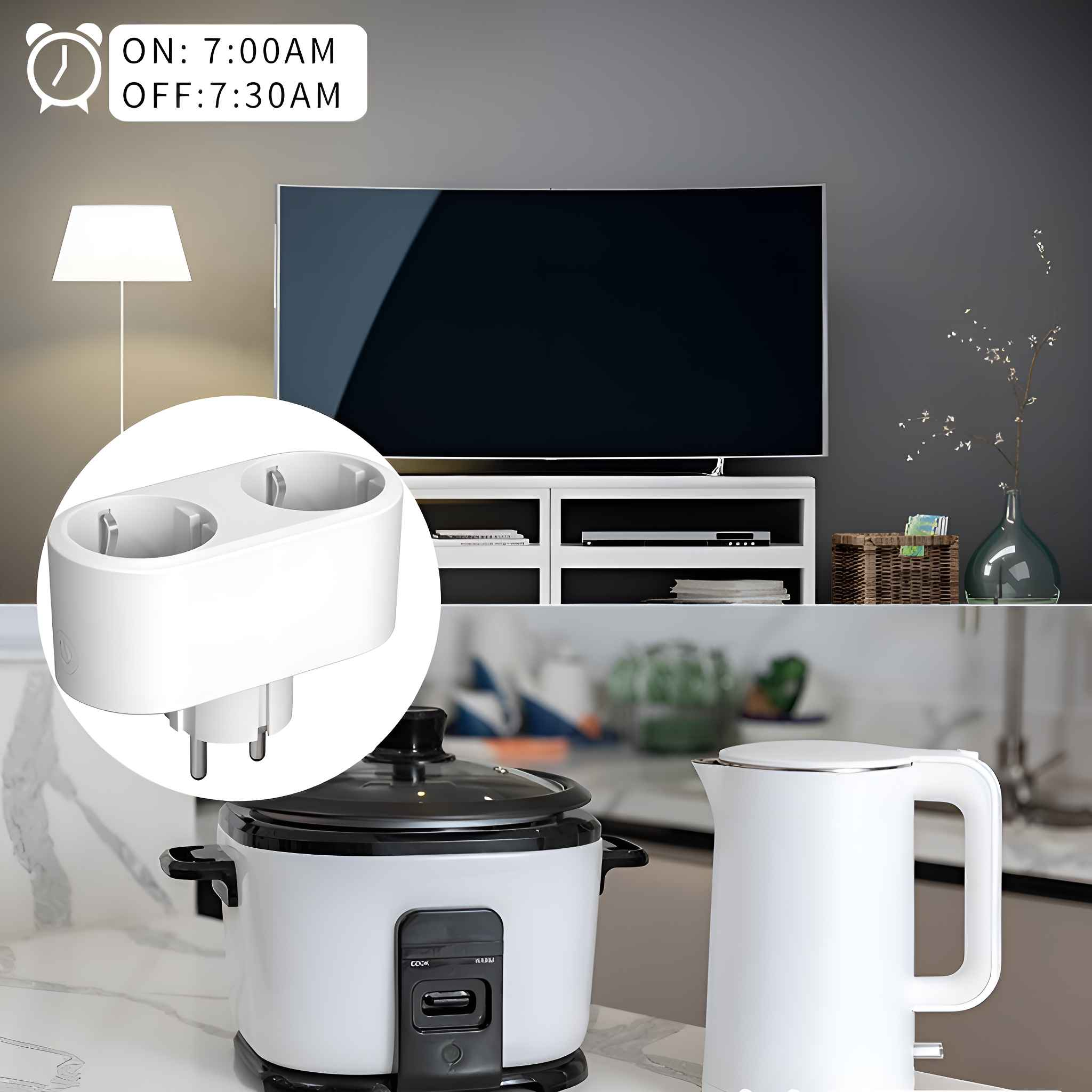 Weiße Doppelsteckdose mit Lampe, Fernseher, Reiskocher und Wasserkocher. Zeitanzeige: AN 7:00 Uhr, AUS 7:30 Uhr.