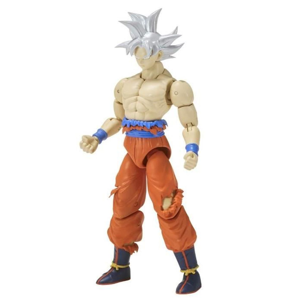 Figura de acción de Goku, cuerpo musculoso, pantalón naranja, cinturón y muñequeras azules, pelo blanco.