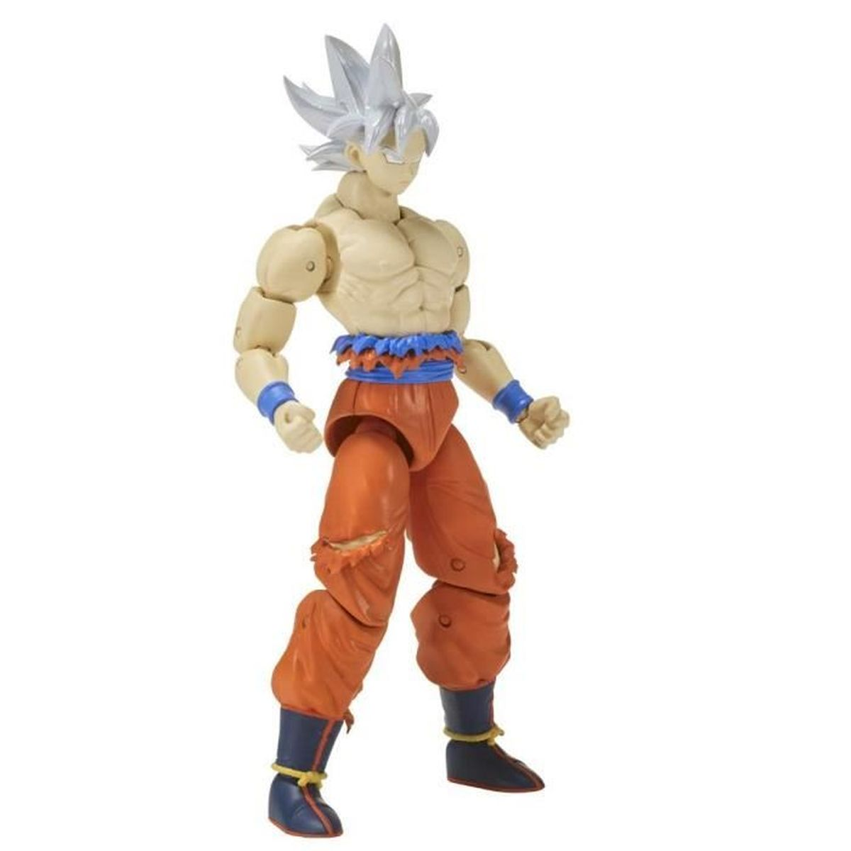 Figura de acción de Goku, cuerpo musculoso, pantalón naranja, cinturón y muñequeras azules, pose de combate.