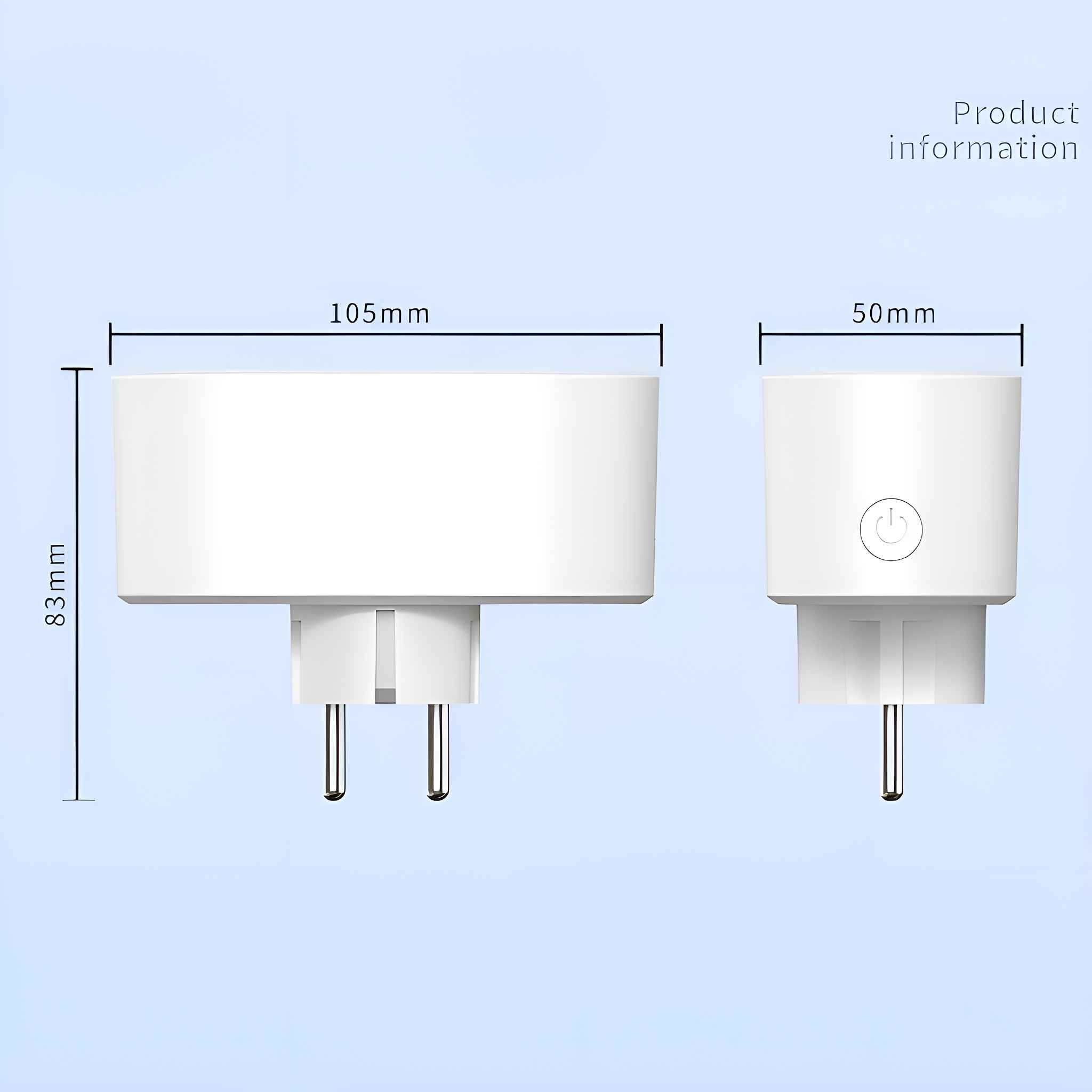 Weiße Doppelsteckdose mit Maßen. Abmessungen sind 105 mm x 83 mm x 50 mm.