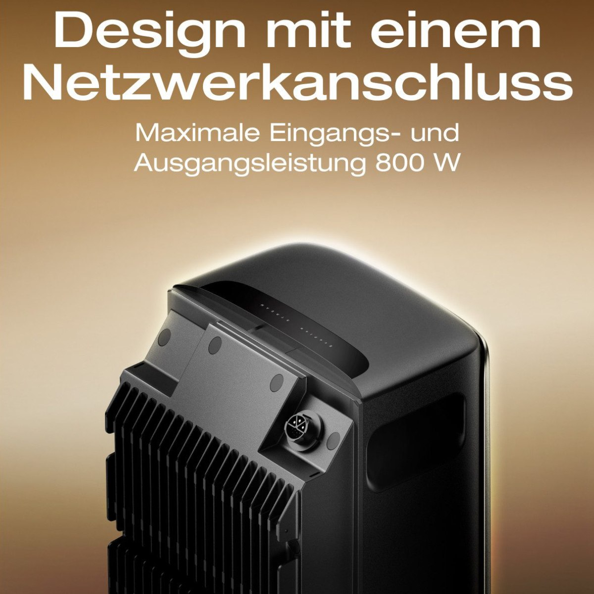 A black device with a network port, against a brown background with text in German.