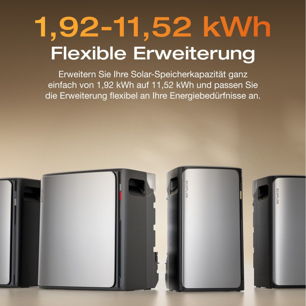 Four silver EcoFlow battery units, showcasing the flexible expansion of solar storage capacity from 1.92 to 11.52 kWh.