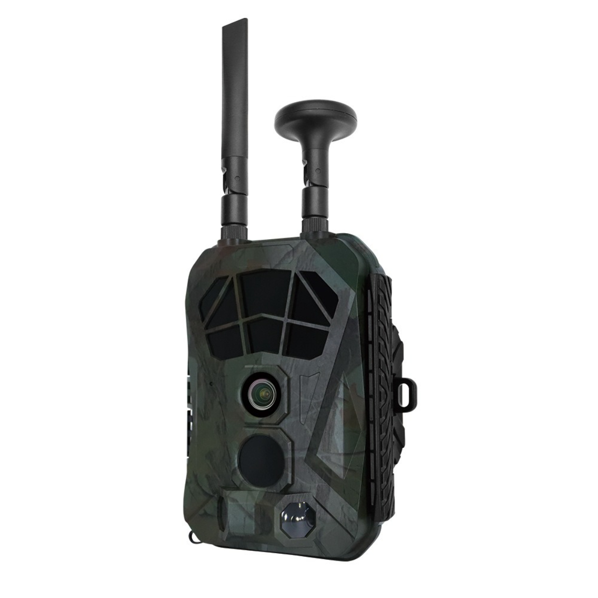 Tarn-Wildkamera mit zwei Antennen. Sie hat ein Objektiv, einen Sensor und eine schwarze Abdeckung.