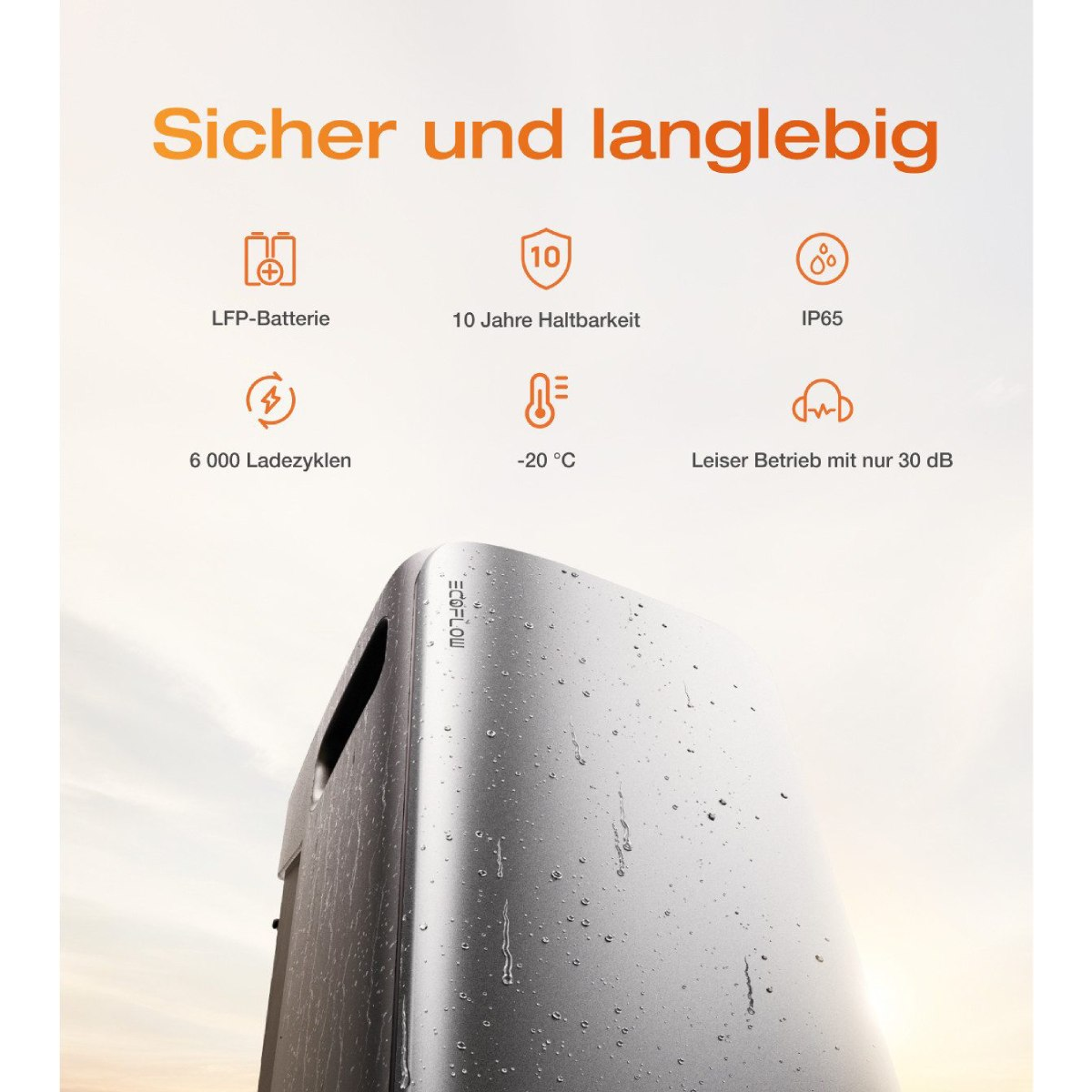 A silver device with icons and text. The text says battery, 10 years, IP65, 6000 cycles, -20C, and quiet operation.