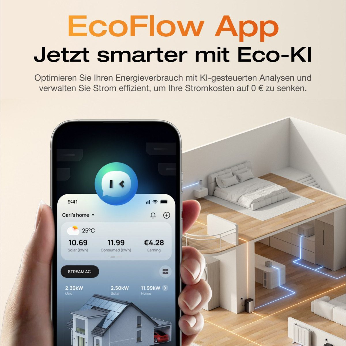 A smartphone displaying an energy consumption app. The app shows house energy consumption and solar panel data.