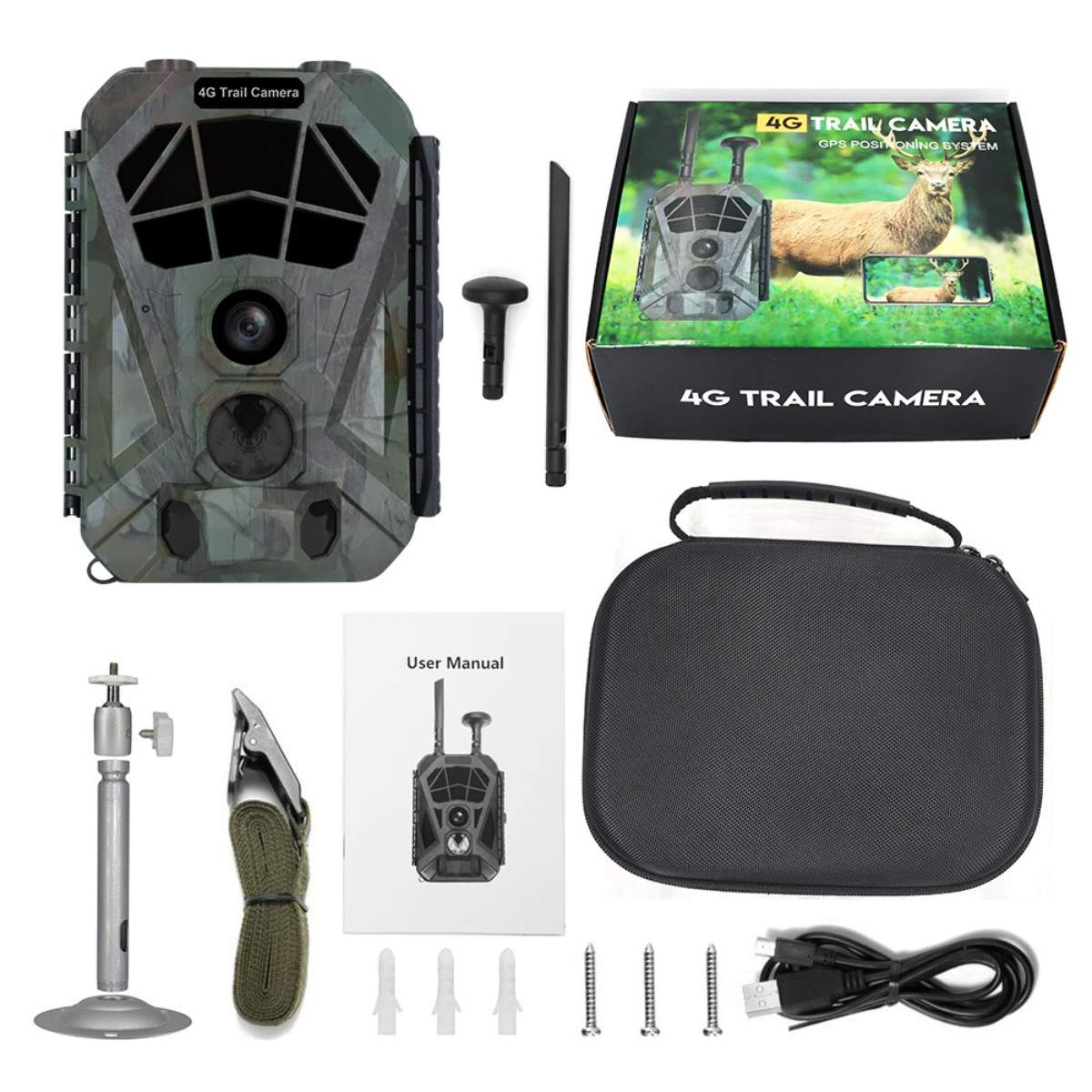 Eine Auswahl an Wildkamera-Komponenten: Kamera, Montagezubehör, Handbuch und eine Tragetasche.