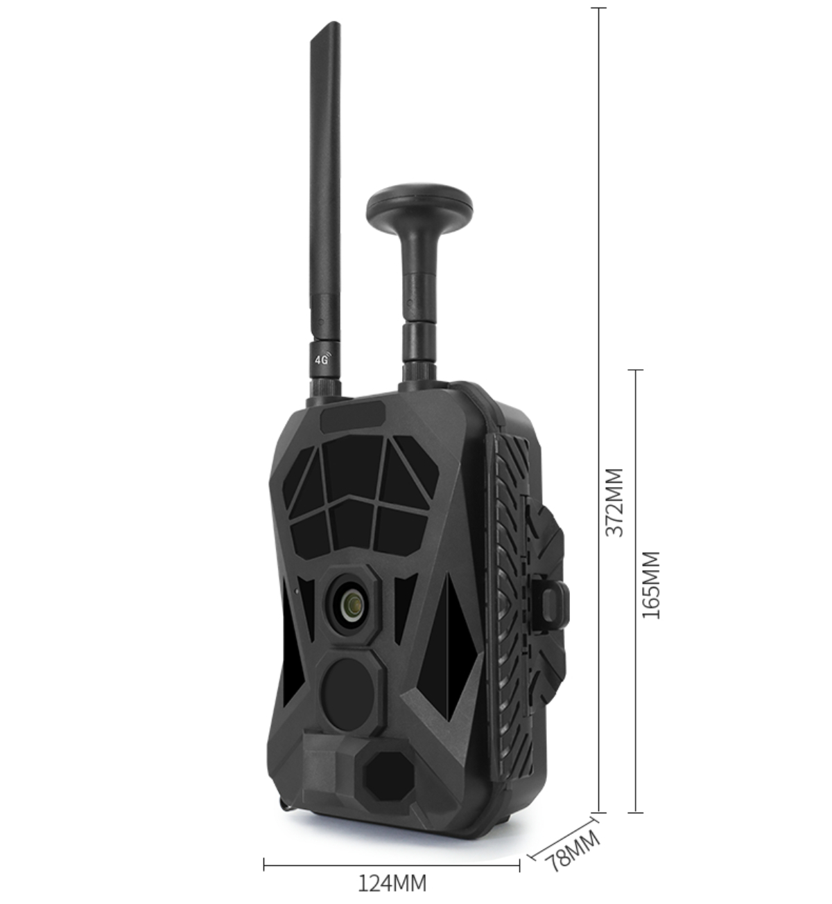 Eine schwarze Wildkamera mit Abmessungen in mm: 124 mm breit, 372 mm hoch und 78 mm dick.
