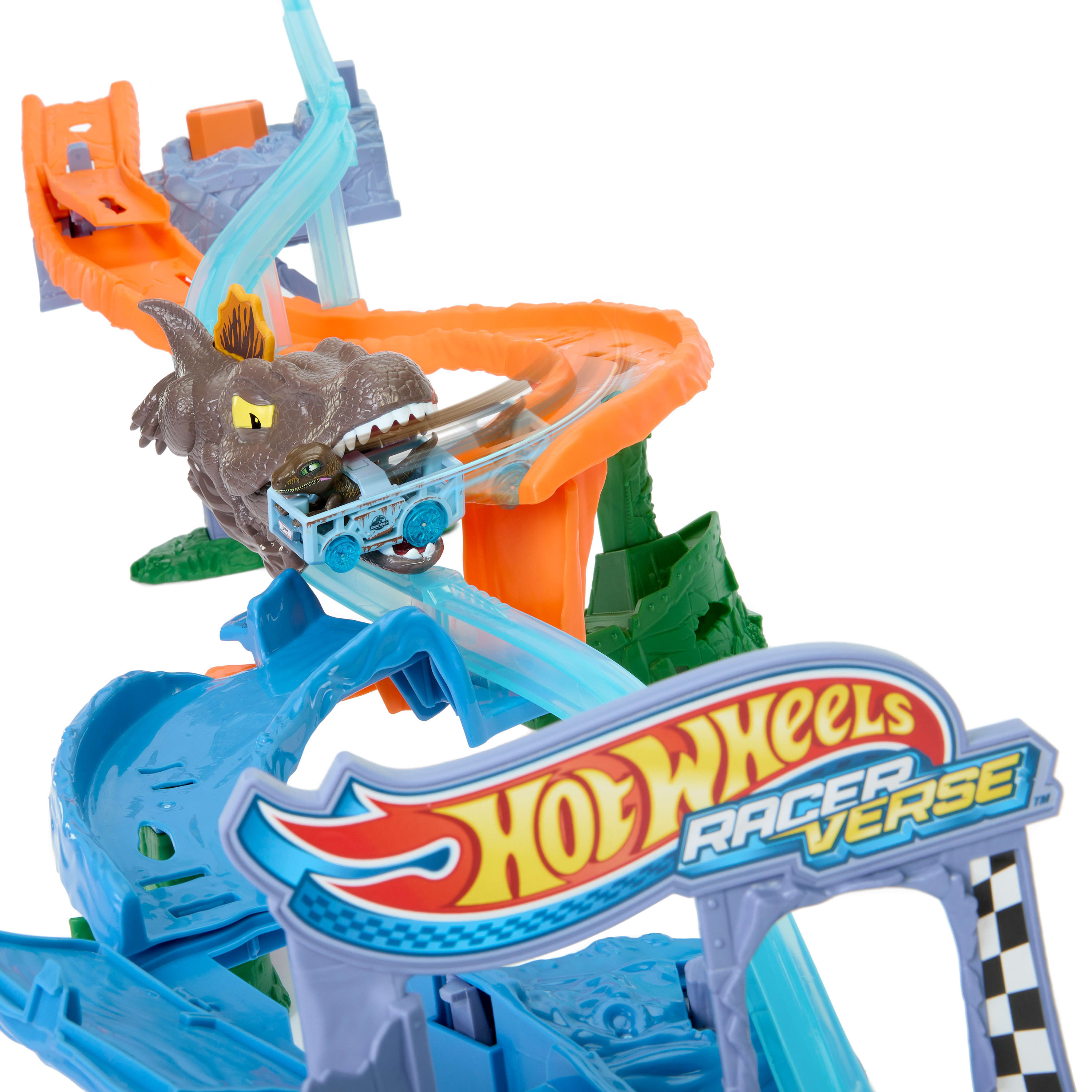 Zestaw torów Hot Wheels z głową dinozaura. Zestaw ma niebieskie, pomarańczowe i zielone tory z samochodem.