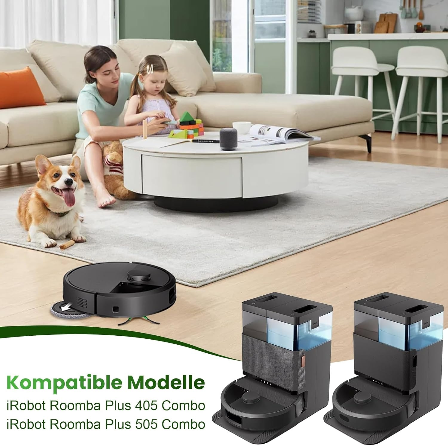 Una stanza con un cane e un bambino. Ci sono due stazioni di ricarica per robot aspirapolvere e un robot aspirapolvere.