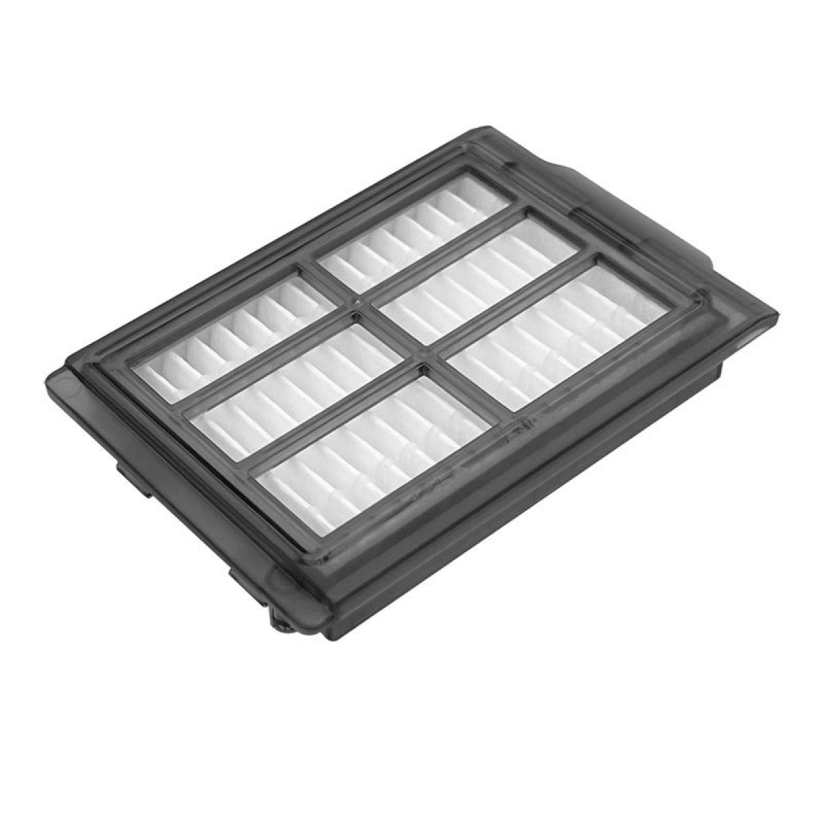 Un filtro rettangolare nero con carta filtrante bianca. Il filtro ha una cornice grigio scuro.