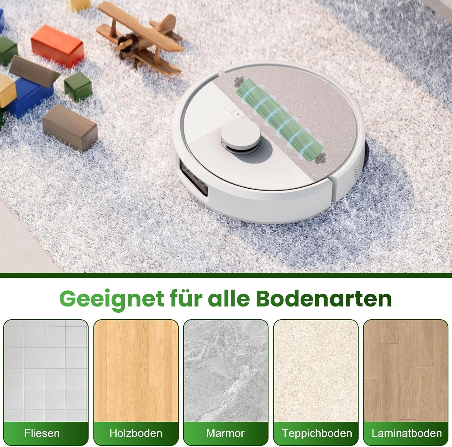 Aspirapolvere robot su un tappeto chiaro con esempi di tipi di pavimento sotto.