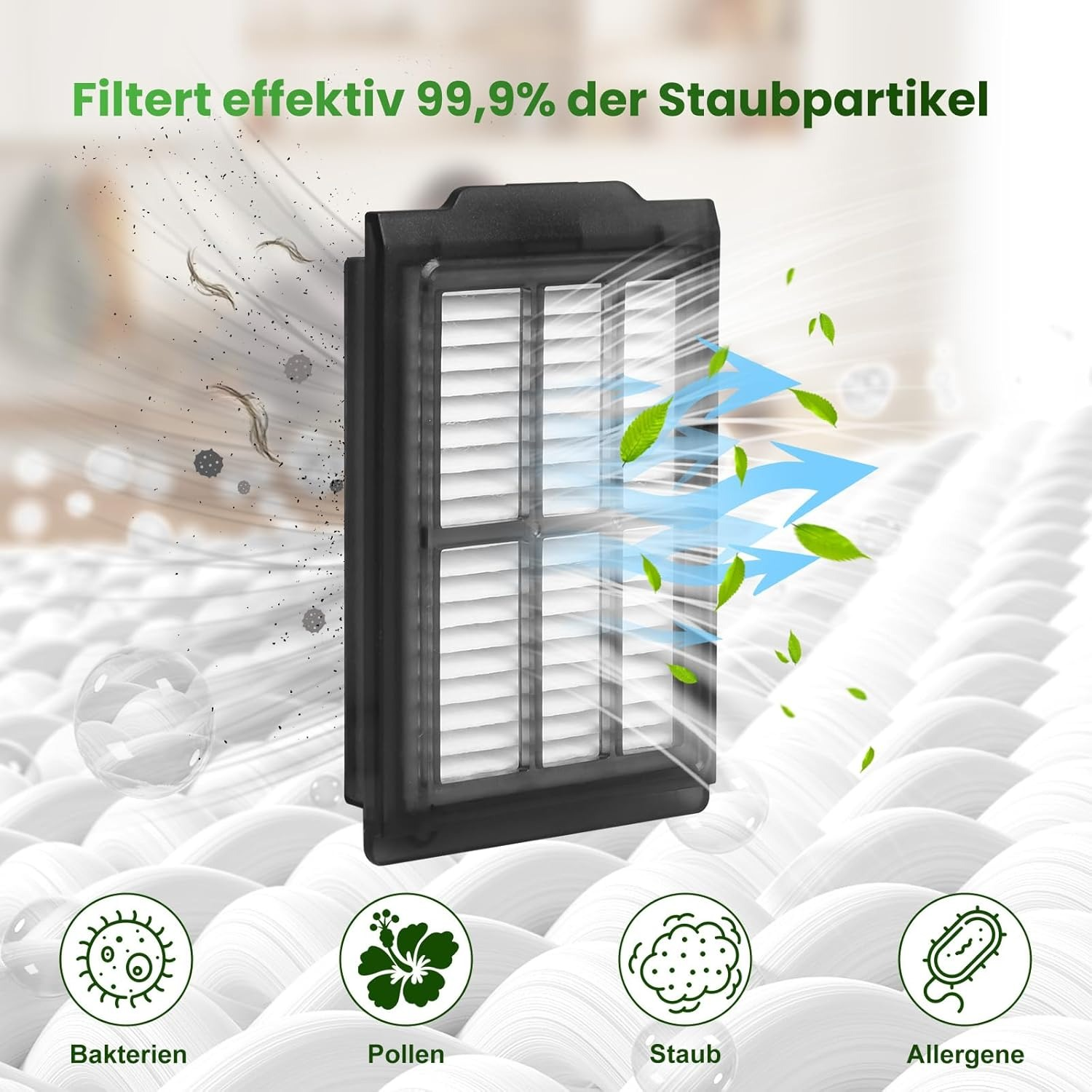 Un filtro nero, con frecce blu che mostrano come filtra le particelle, con icone di batteri, polline, polvere e allergeni.