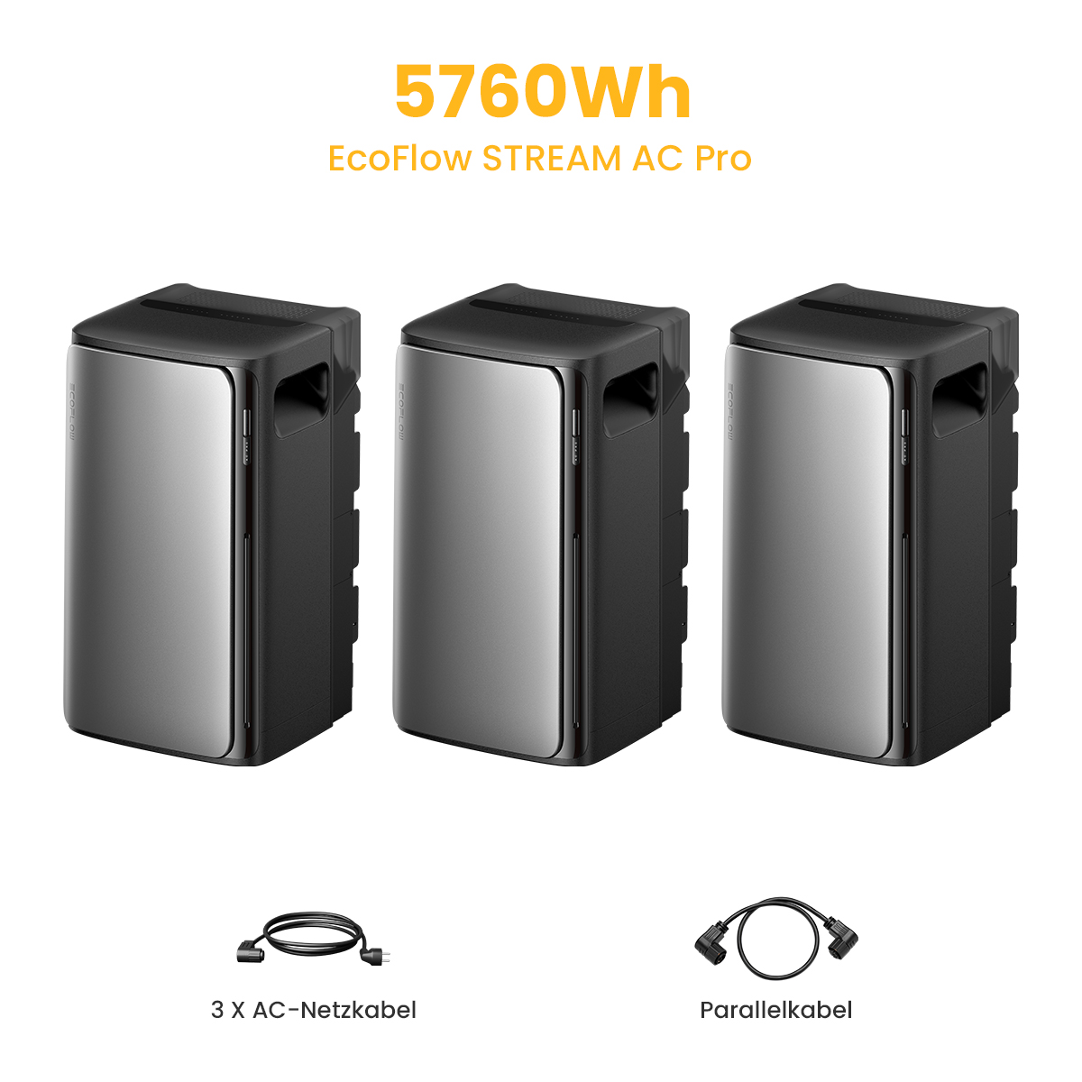 Drei schwarze rechteckige Kraftwerke. Text sagt '5760Wh EcoFlow STREAM AC Pro'.