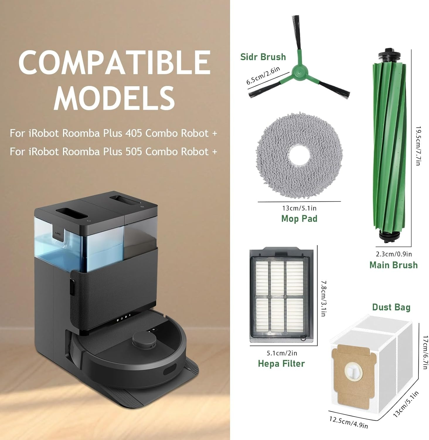 Aspirapolvere robot con accessori e dimensioni, compatibile con i modelli iRobot Roomba.