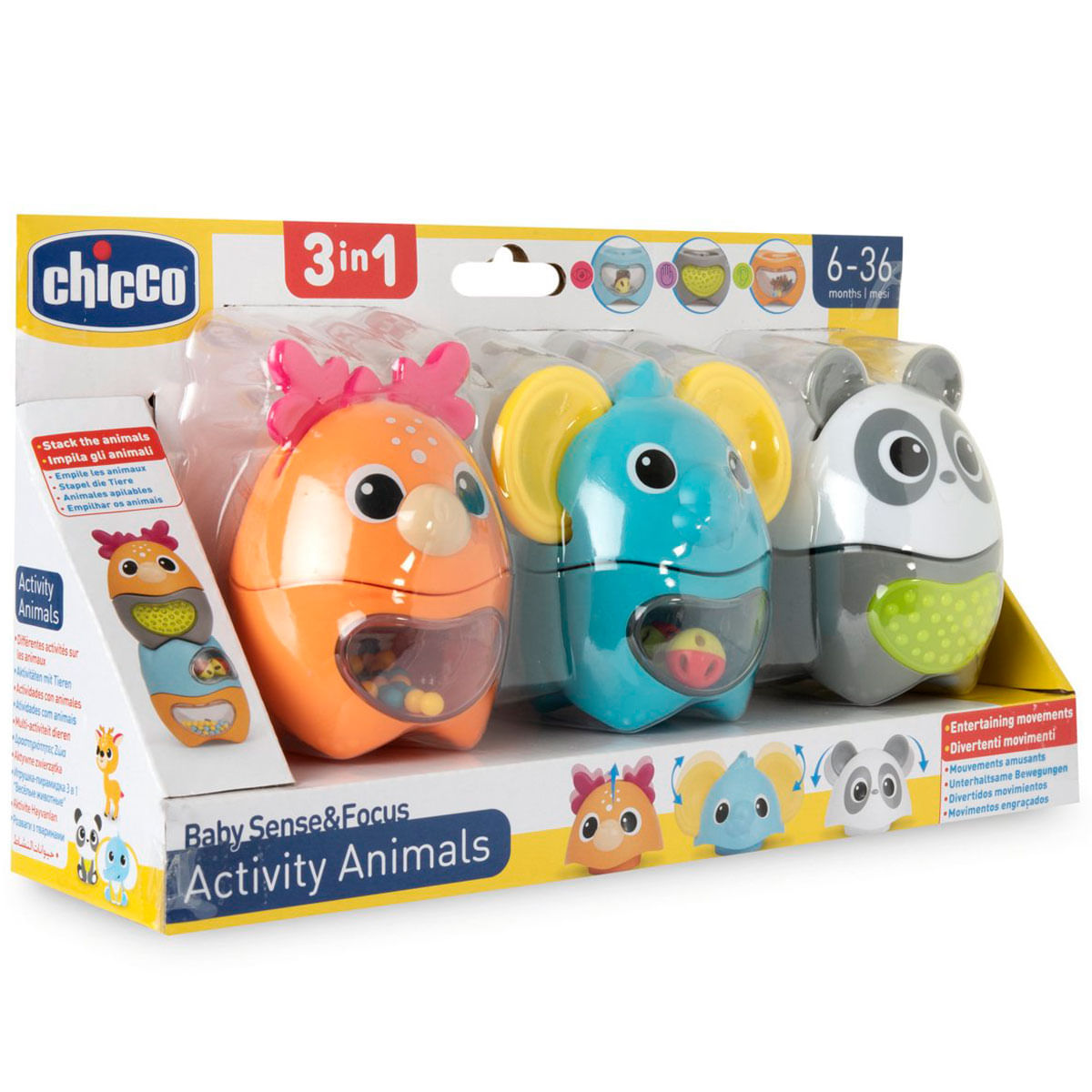 Zestaw pudełkowy z zabawkami z 3 w 1 zwierzętami aktywności. Pomarańczowy kurczak, niebieski słoń i szara panda.