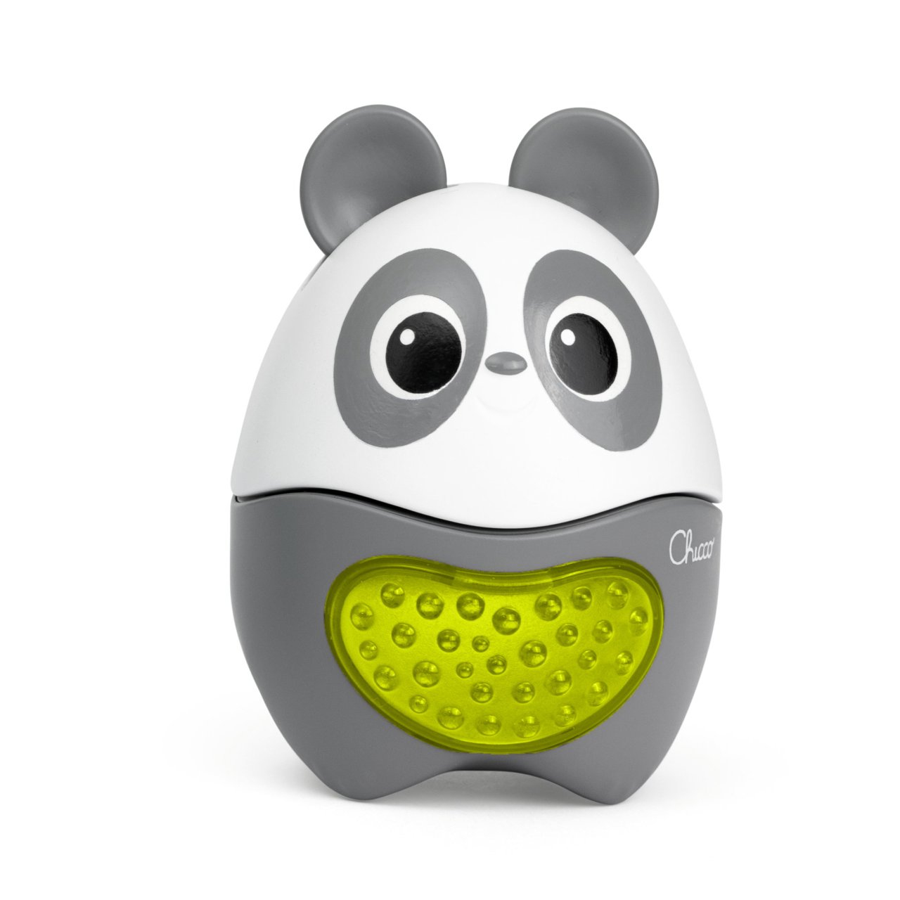 Lampka nocna w kształcie pandy z zielonymi światłami i szarym korpusem, biała twarz.