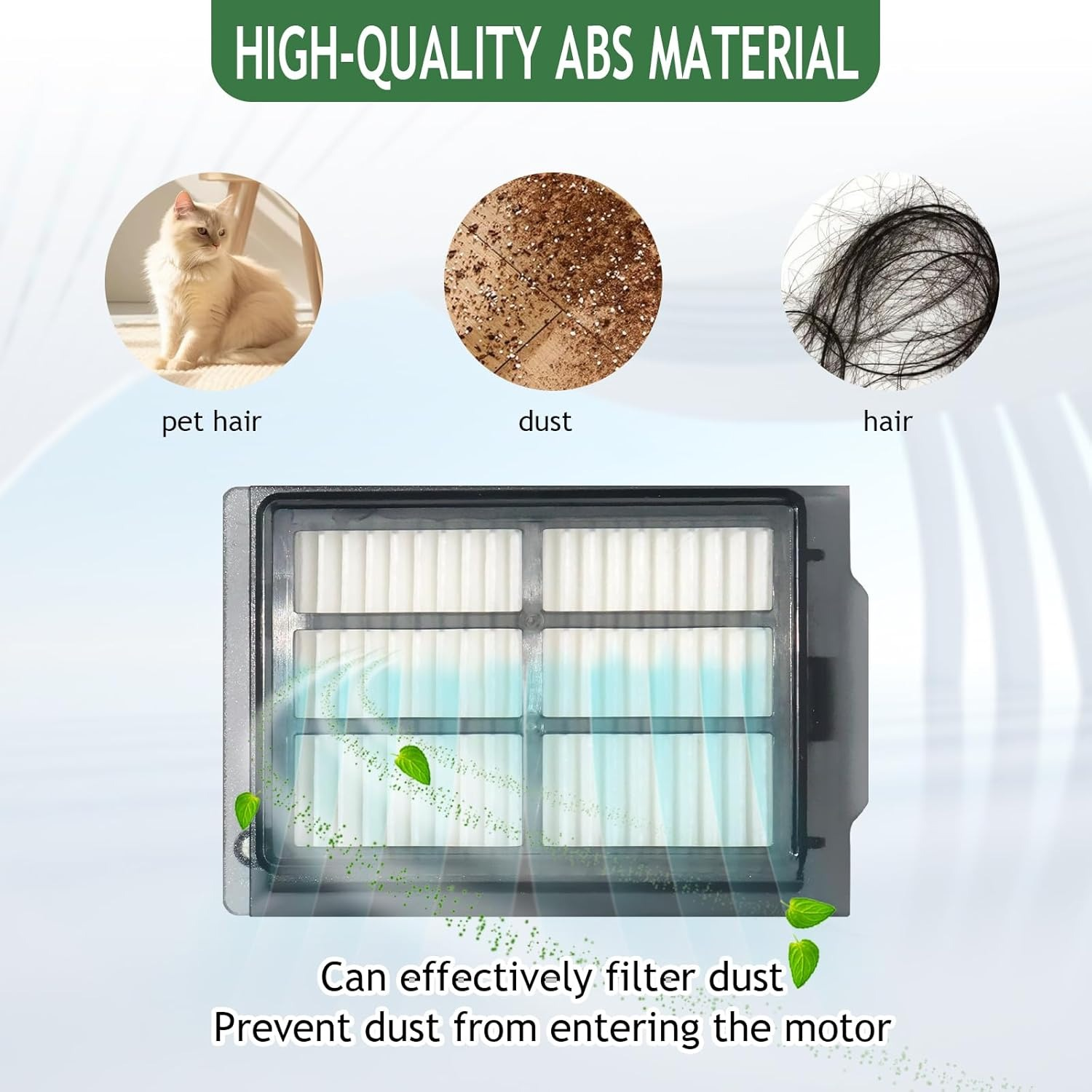 Un filtro dell'aria con illustrazioni di peli di animali domestici, polvere e capelli. È etichettato come materiale ABS di alta qualità.