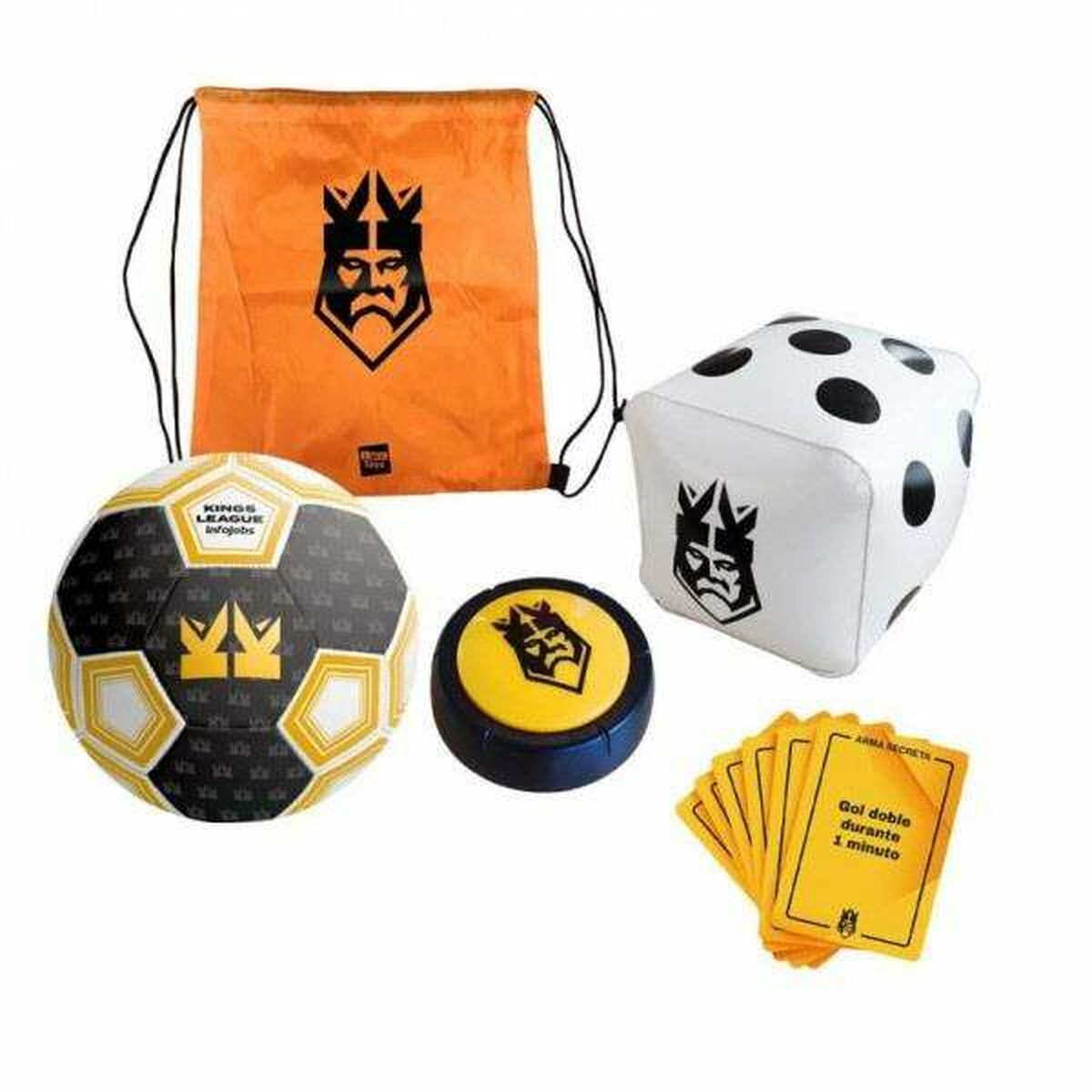 Una colección de piezas de juego: una bolsa, un dado, cartas, un balón de fútbol y un disco amarillo con un logotipo.