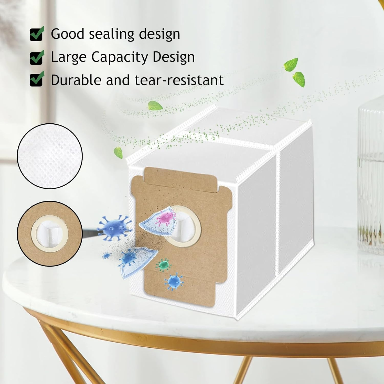 Un sacco per aspirapolvere bianco con dettagli in cartone marrone e cerchi, con testo su design e capacità.