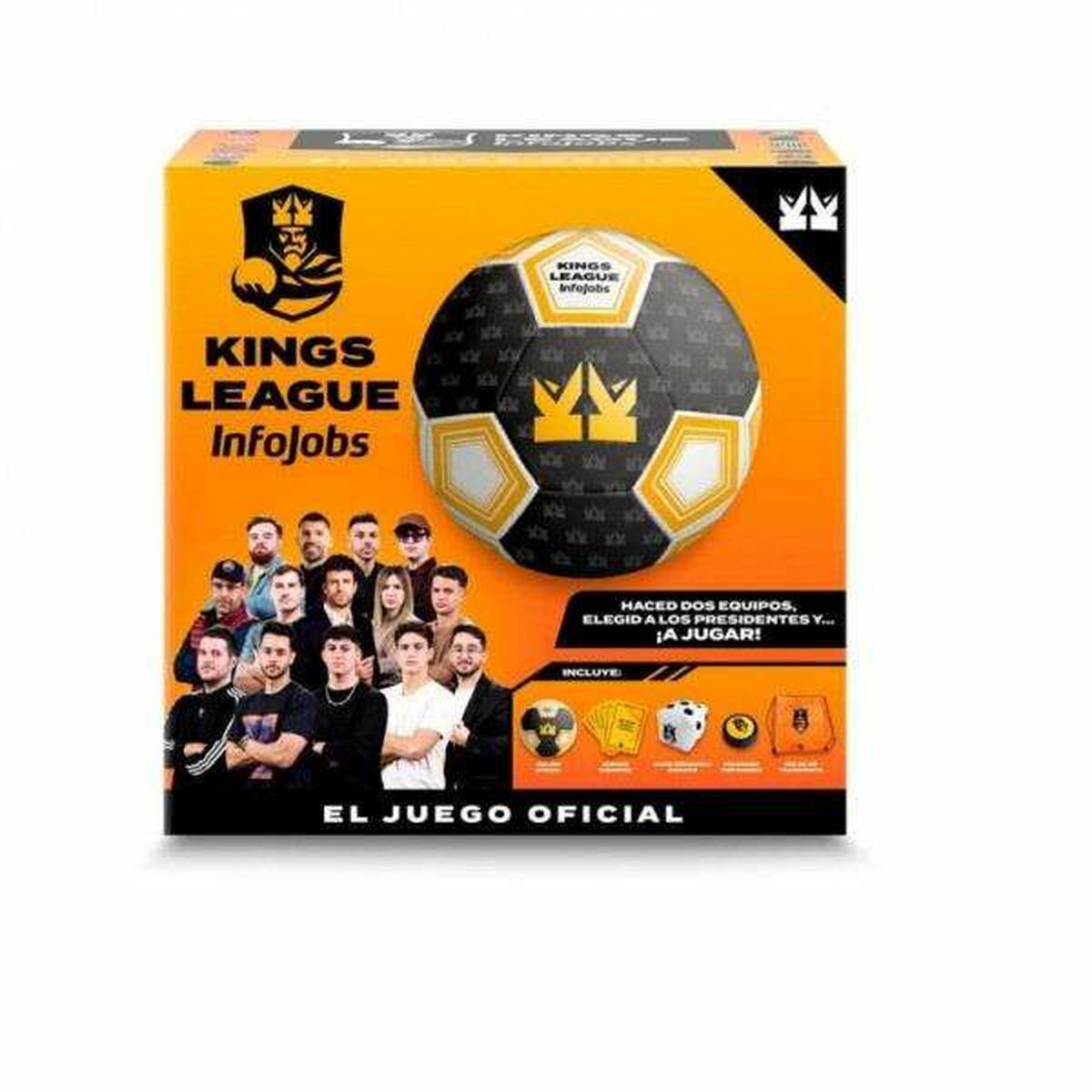 Una caja del juego Kings League InfoJobs, con un balón de fútbol, cartas, dados y una foto del equipo en la portada.