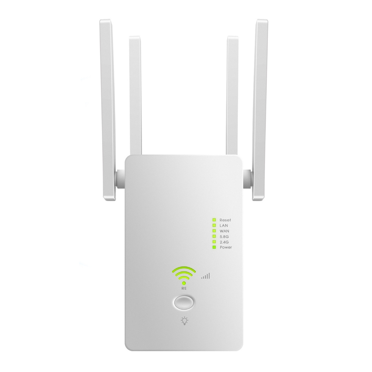 Ein weißer Repeater mit Antennen und Kontrollleuchten. Es ist ein WLAN-Signalverstärker.