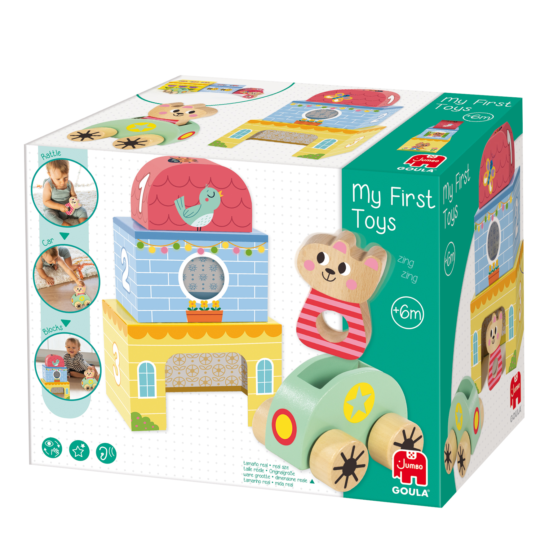 Un juego de juguetes con bloques de madera, un coche de oso y una caja. Los bloques forman una casa con números y un techo.