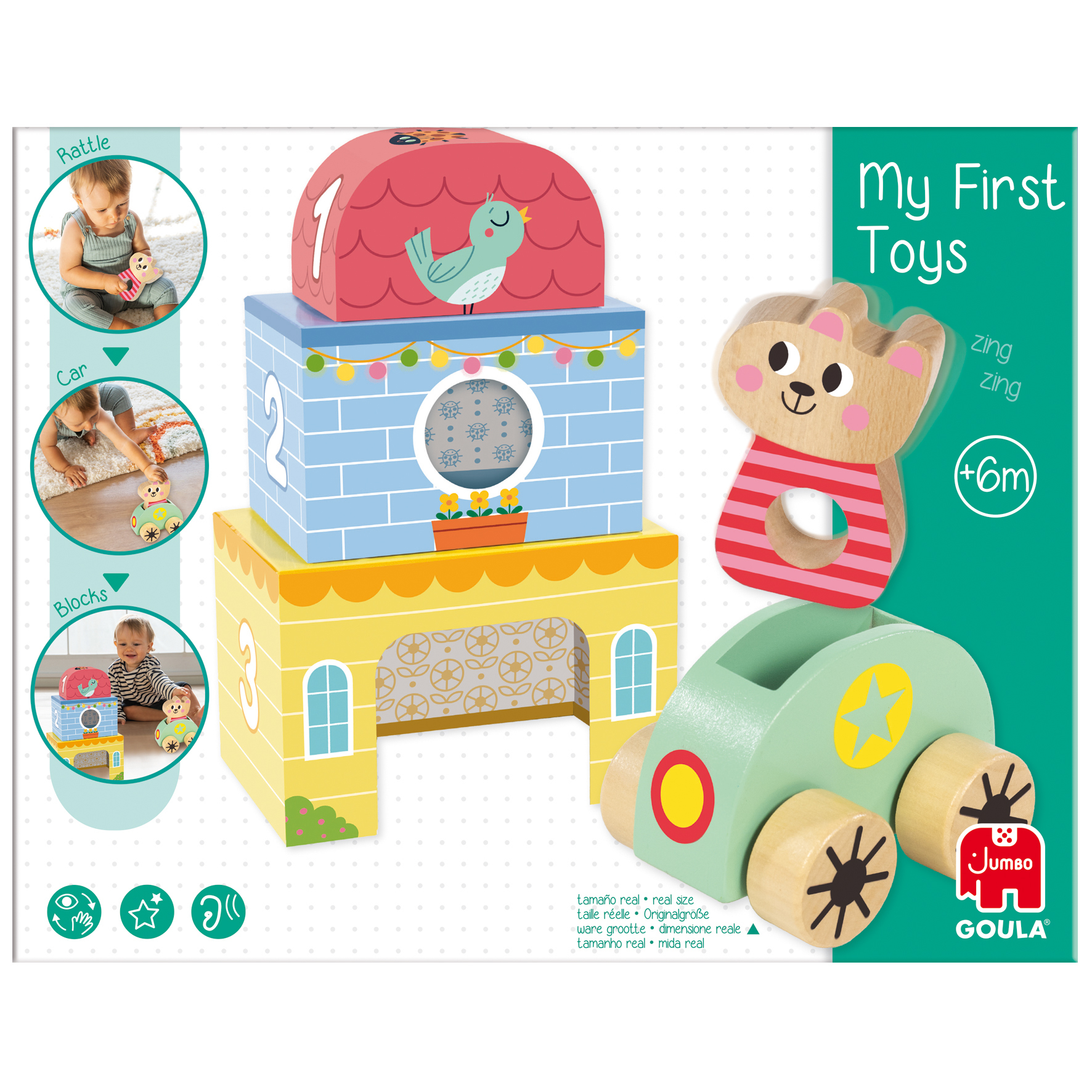 Un juego de juguetes con bloques numerados, un coche y un sonajero con forma de oso. La caja muestra a los niños jugando con los juguetes.