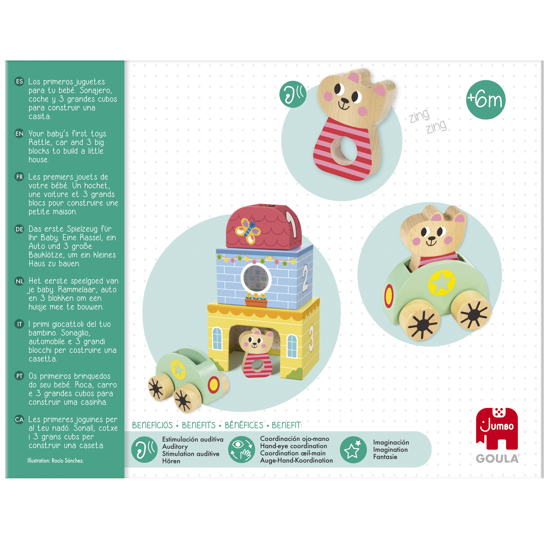 Un juego de juguetes de madera con bloques en forma de casa, un coche y una figura de oso, con texto en varios idiomas.
