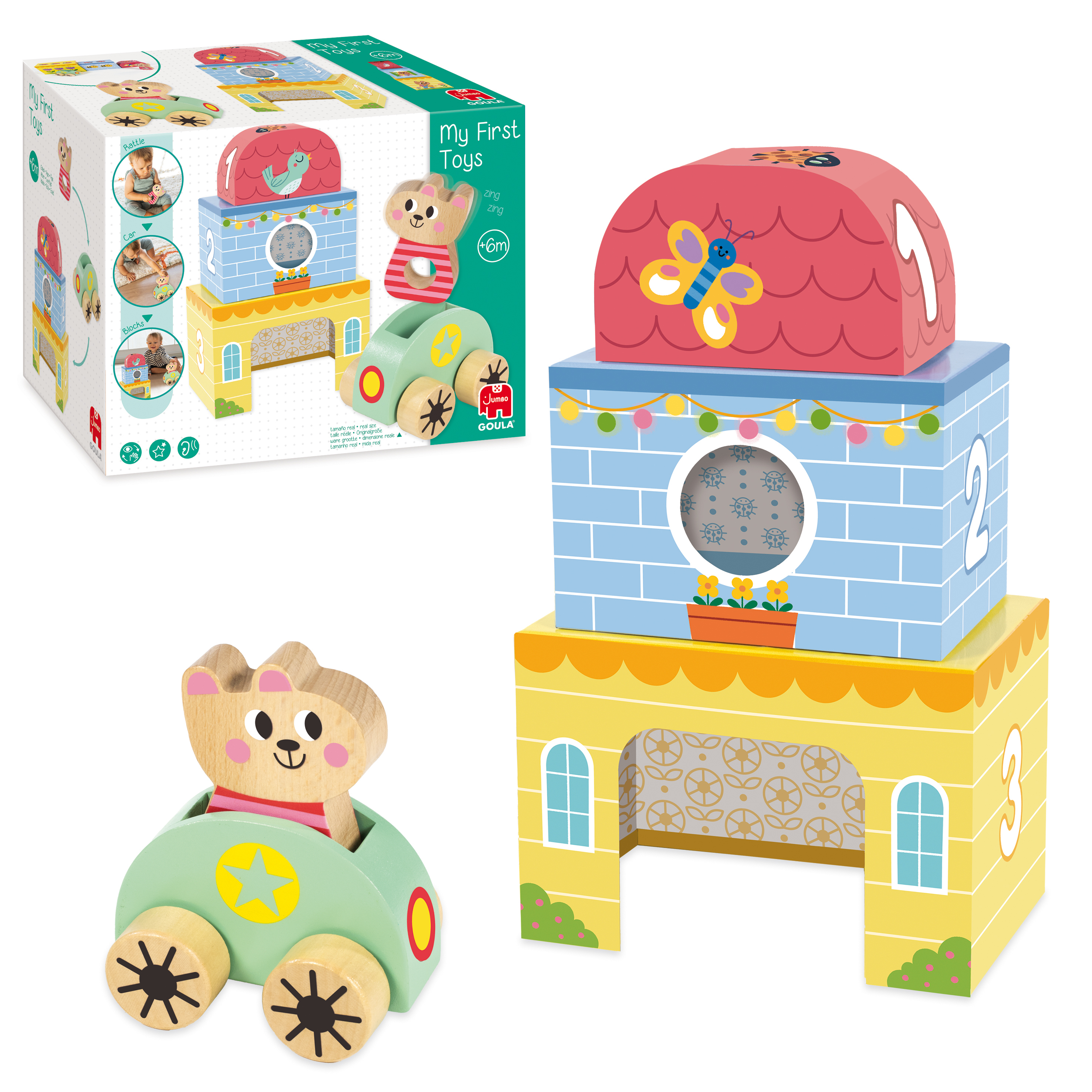 Un juego de juguetes con bloques de madera, un coche de oso y una caja. Los bloques forman una casa con números y un techo.